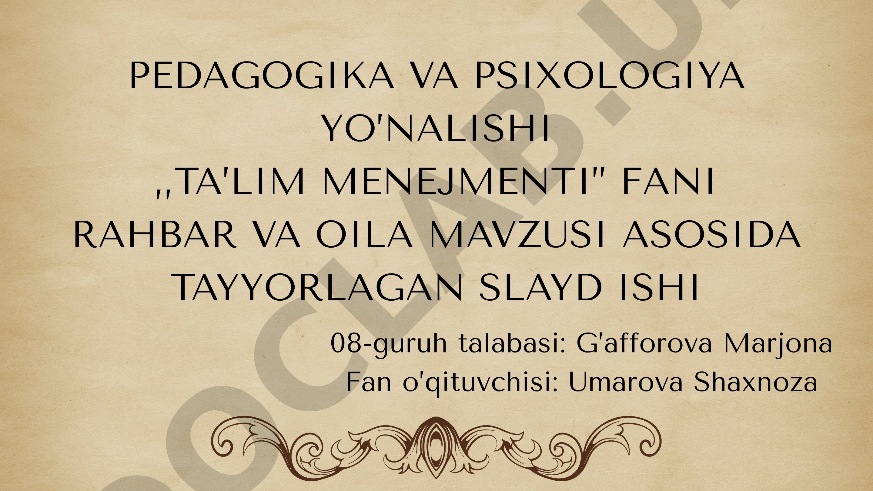 Rahbar va Oila mavzusidagi ta'lim menejmenti slaydi