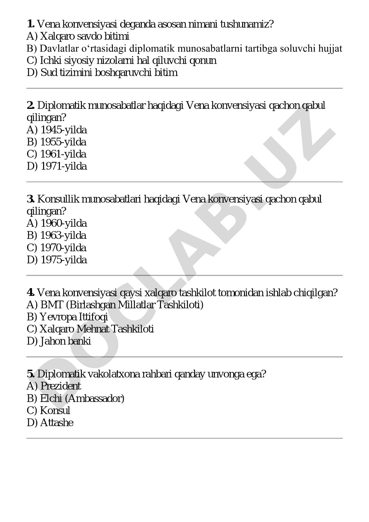 Vena konvensiyasi bo'yicha test savollari