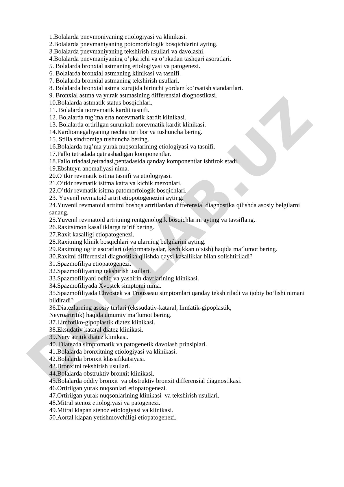 Bolalarda pnevmoniya va bronxial astma etiologiyasi, klinikasi, diagnostikasi va davolash