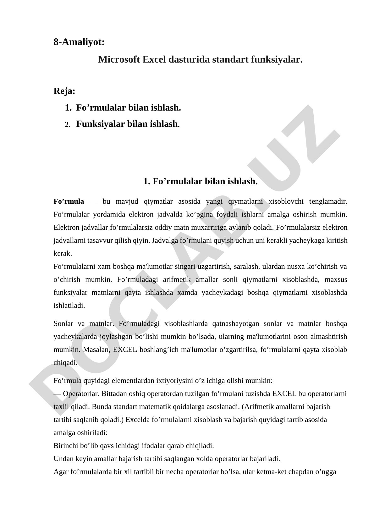 Microsoft Excel dasturida standart funksiyalar