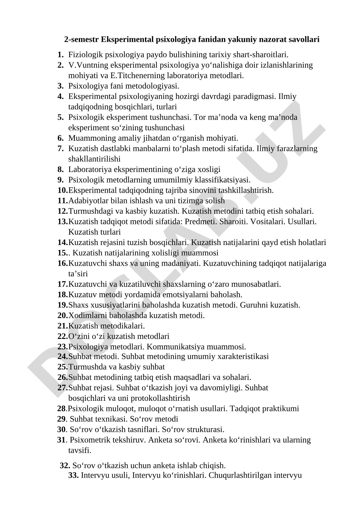 Eksperimental psixologiya fanidan yakuniy nazorat savollari