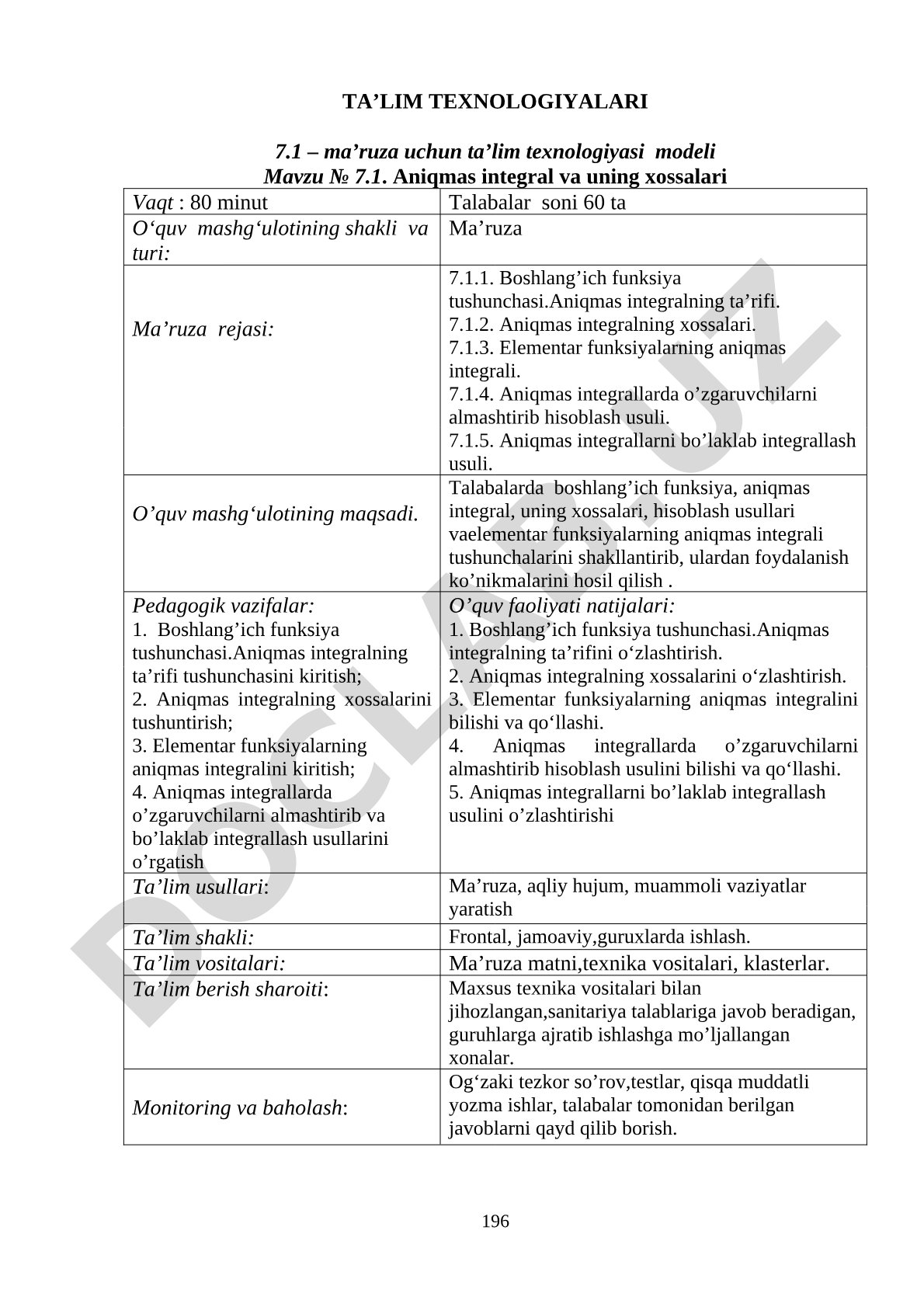 Aniqmas integral va uning xossalari