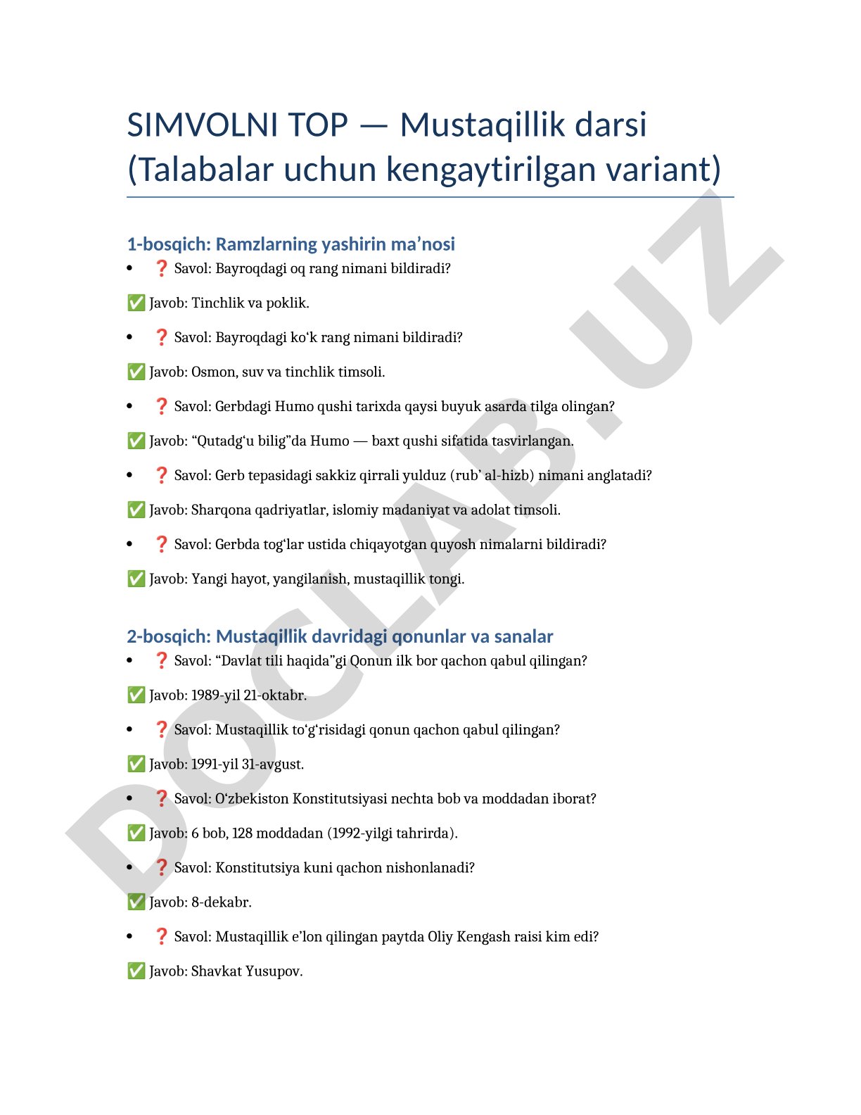 Mustaqillik darsi: ramzlar va qonunlar