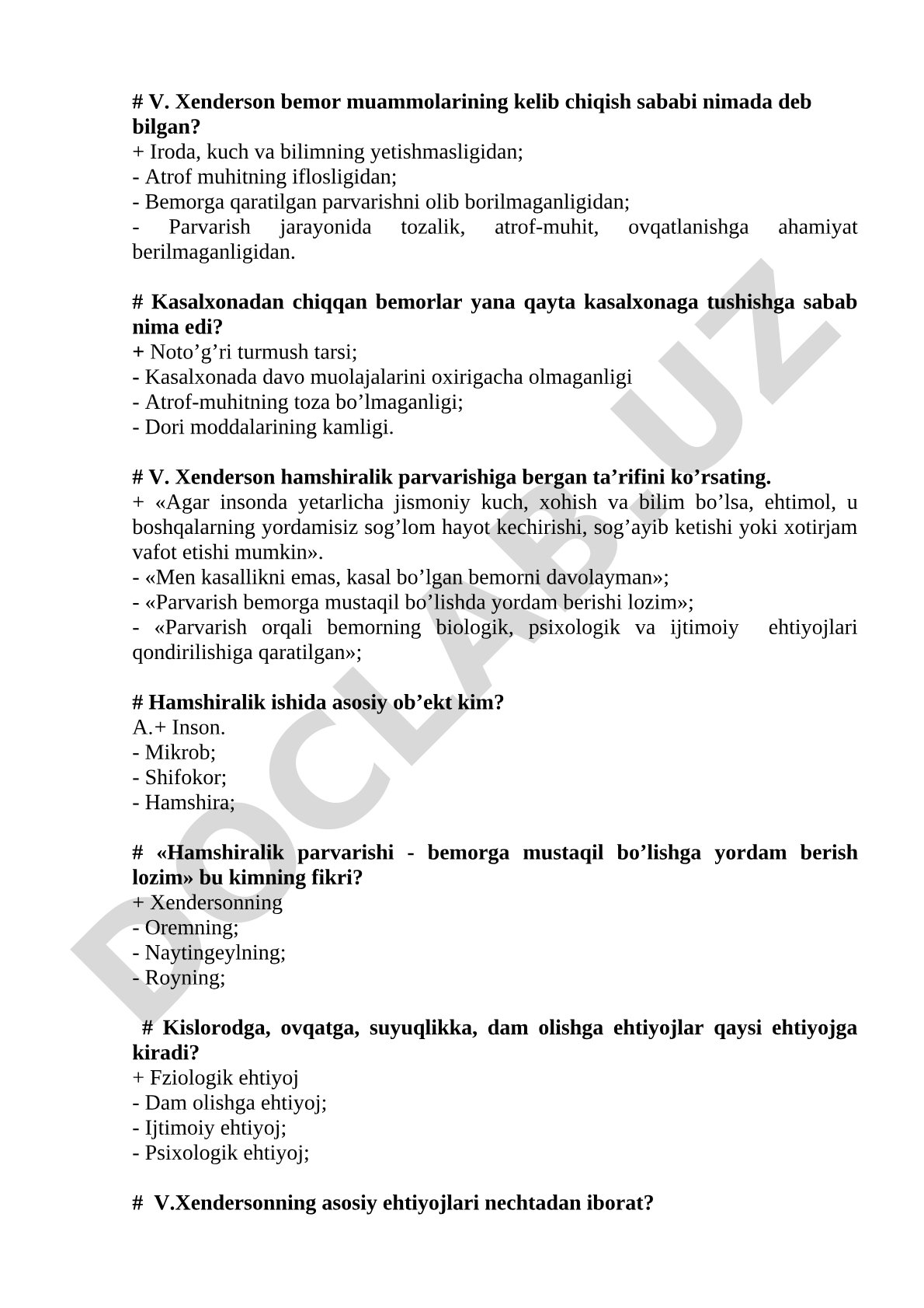 V. Xenderson hamshiralik parvarishi va bemor muammolari