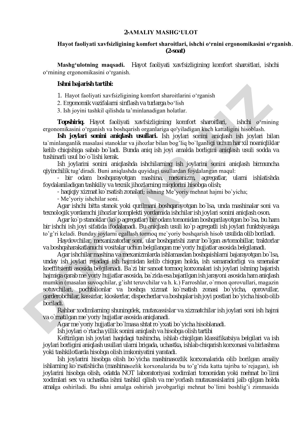 Hayot faoliyati xavfsizligining komfort sharoitlari va ishchi o'rnini ergonomikasini o'rganish