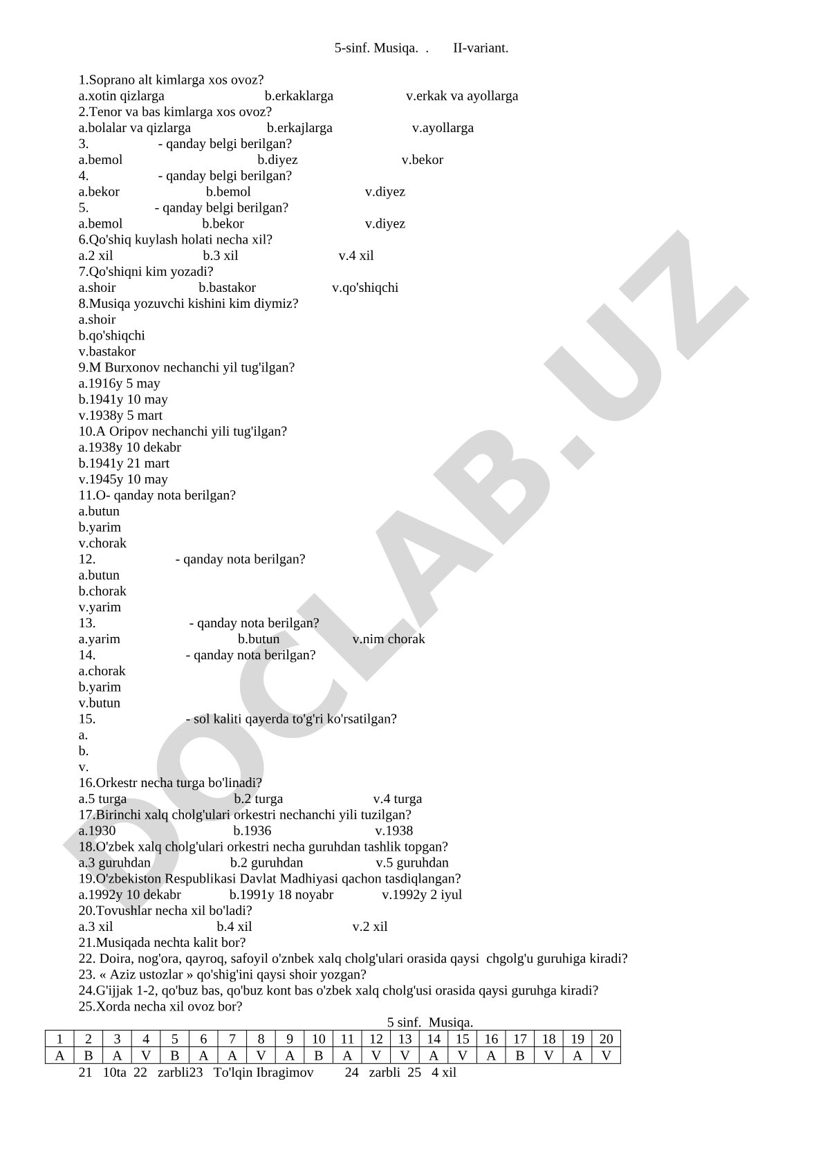 5-sinf Musiqa testi (II variant)