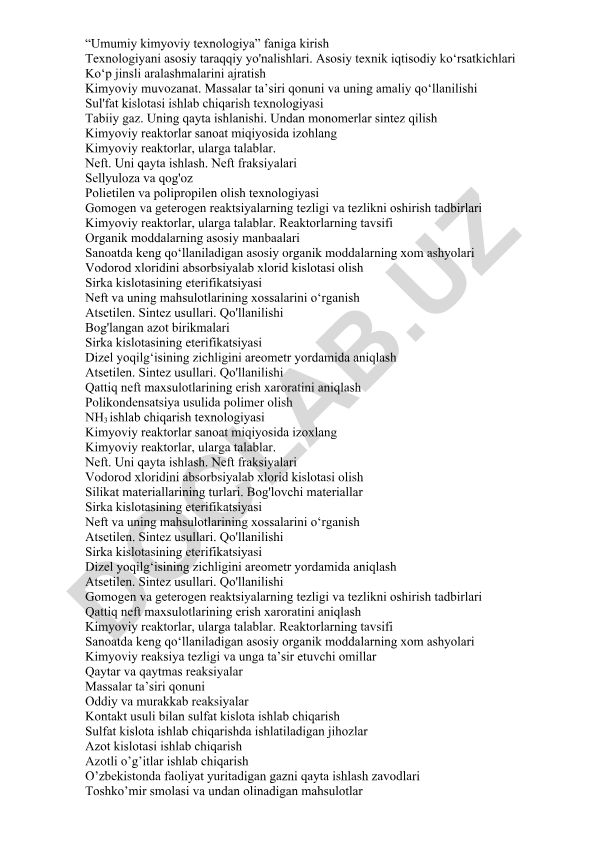 Umumiy kimyoviy texnologiya faniga kirish va asosiy texnologik jarayonlar