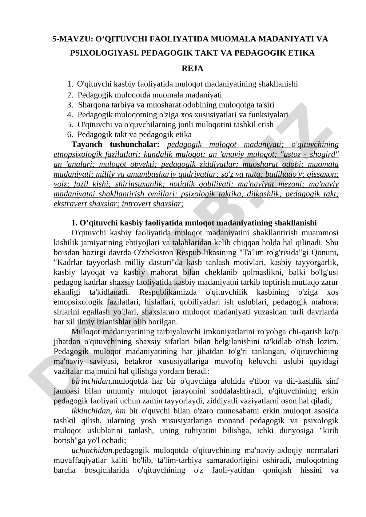 O‘qituvchi faoliyatida muomala madaniyati va psixologiyasi. Pedagogik takt va pedagogik etika