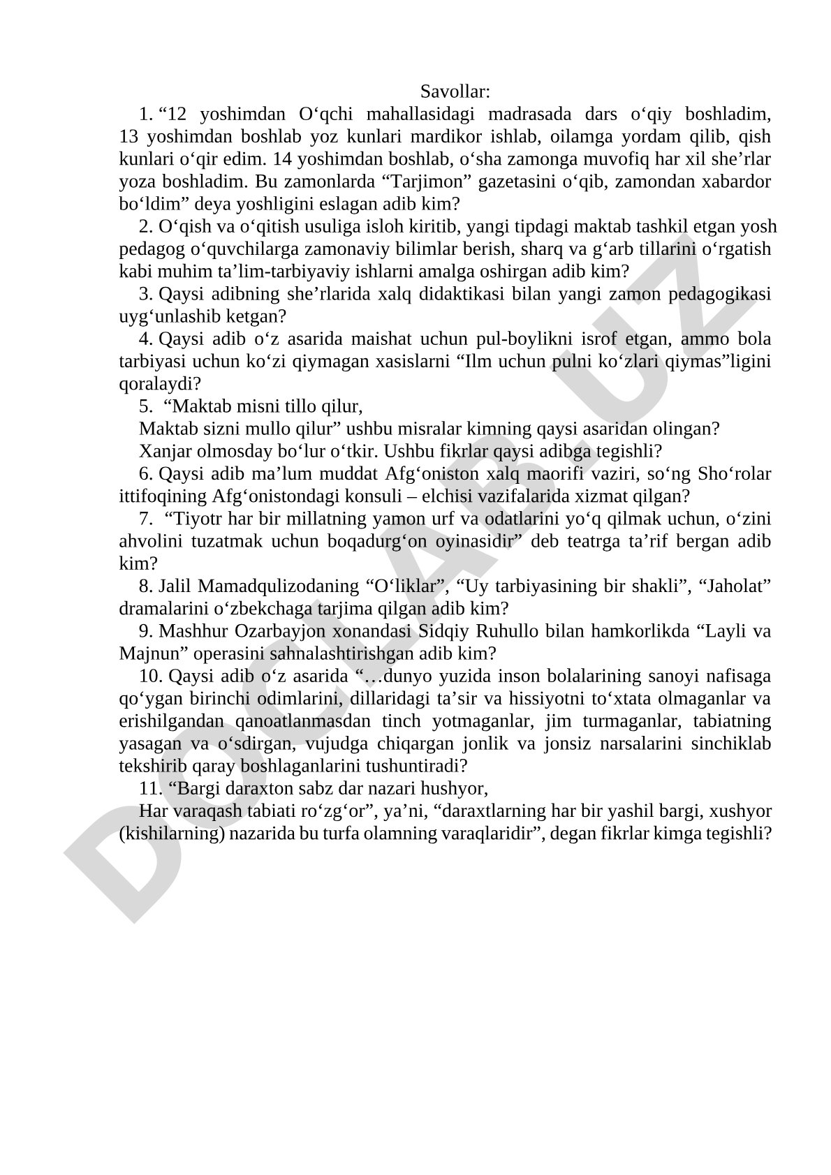 O‘zbek adabiyoti va adiblar ijodi haqida savollar