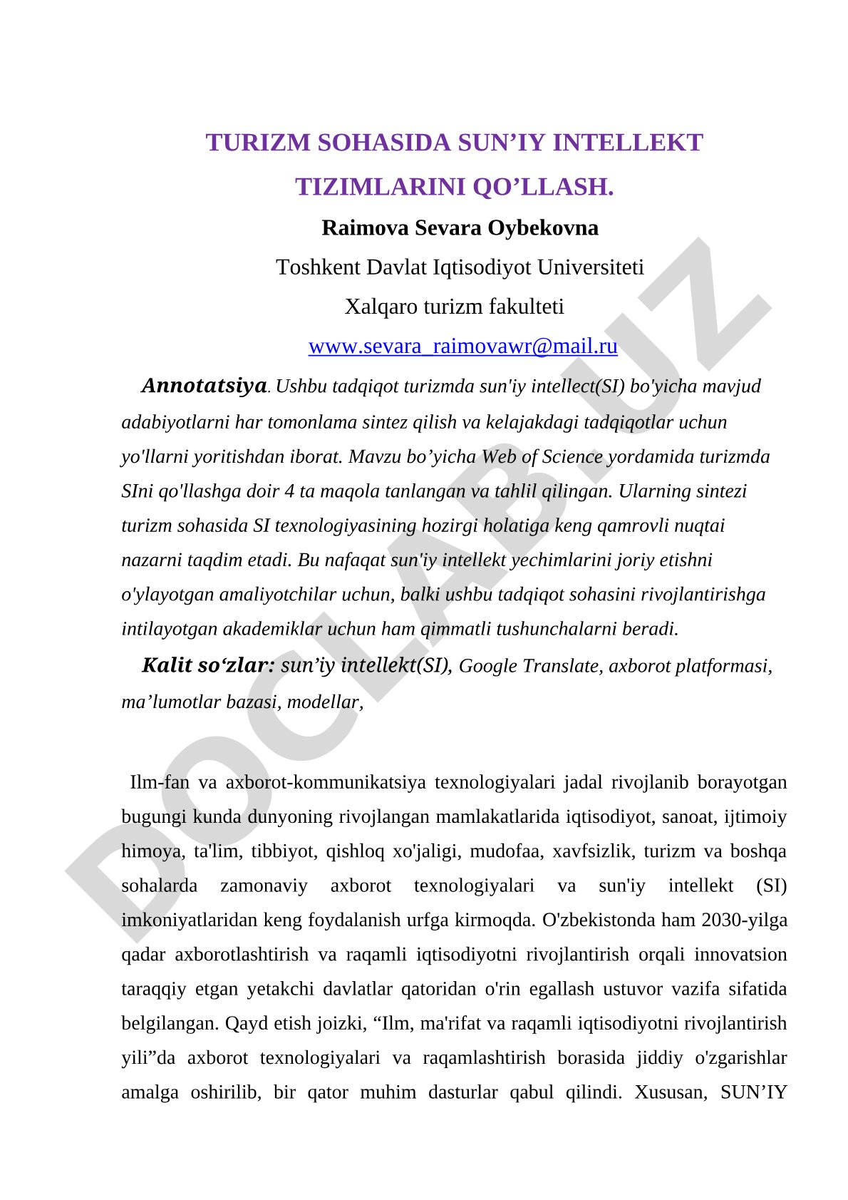 Turizm sohasida sun’iy intellekt tizimlarini qo’llash.