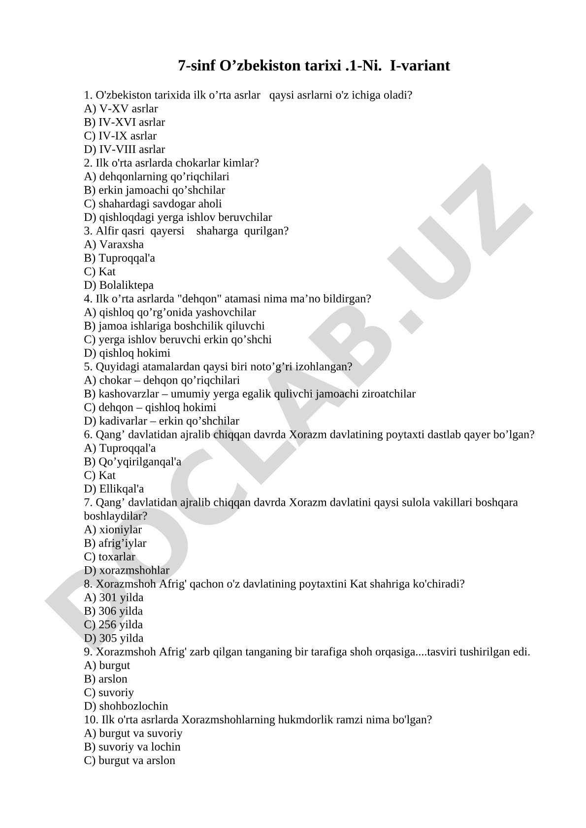 O'zbekiston tarixi ilk o'rta asrlar test savollari