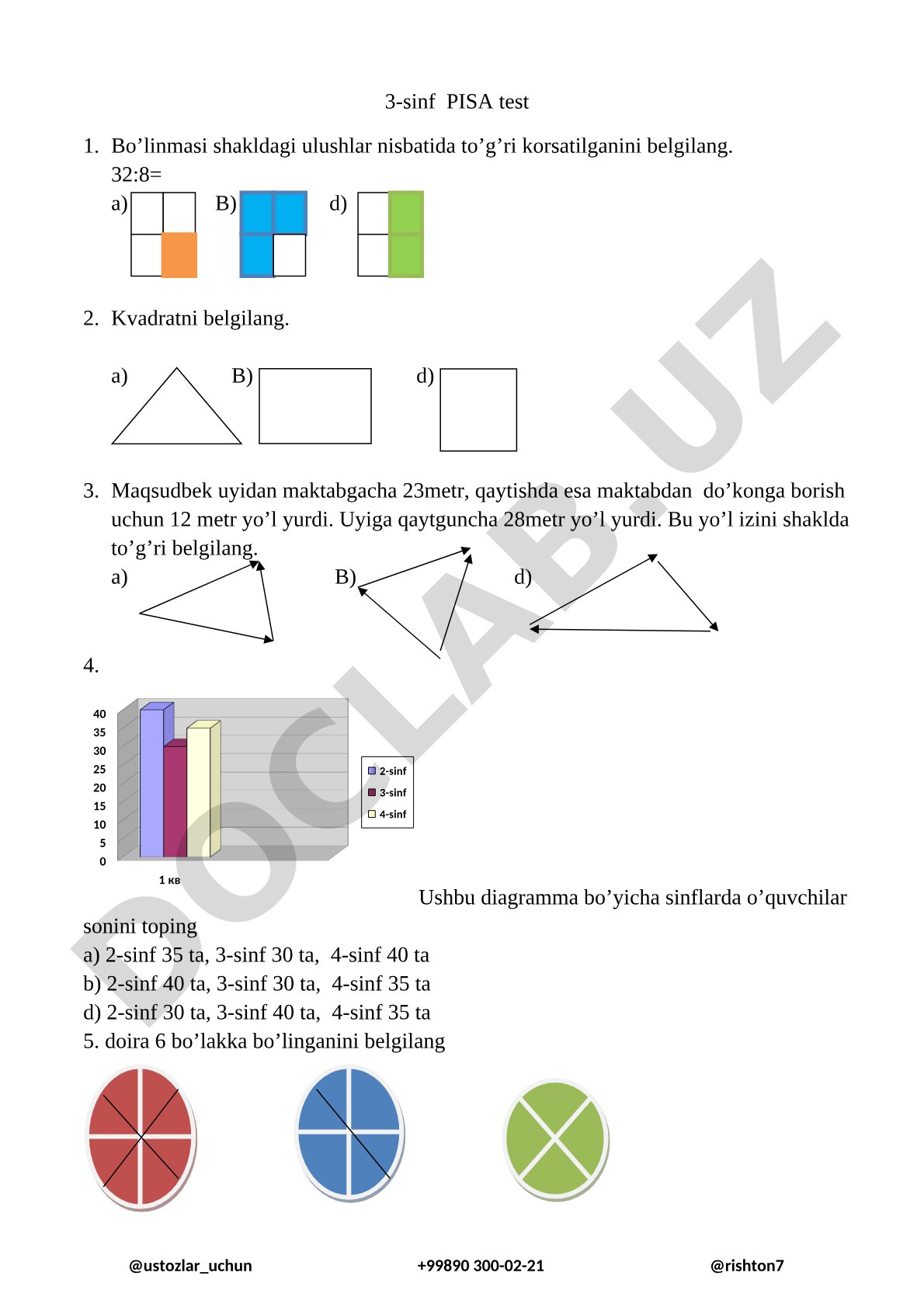 3-sinf matematika PISA test savollari