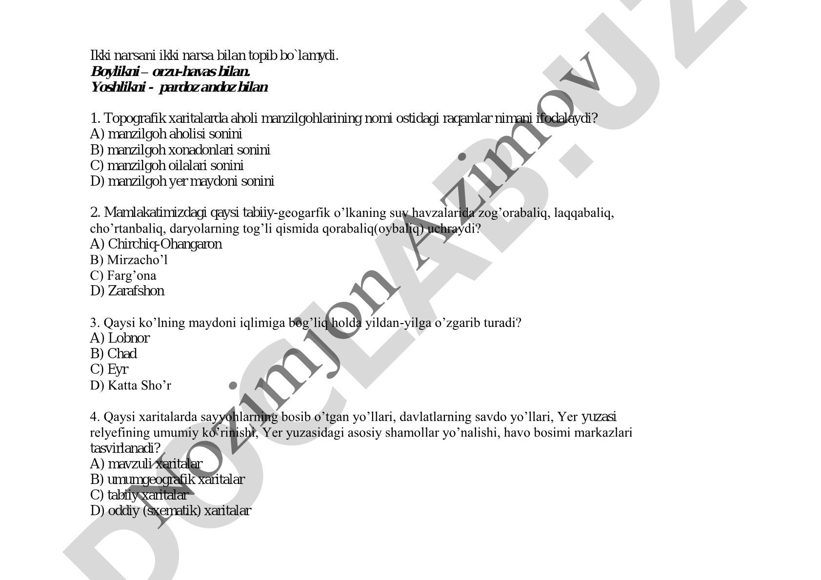 Topografik xaritalar va geografik savollar