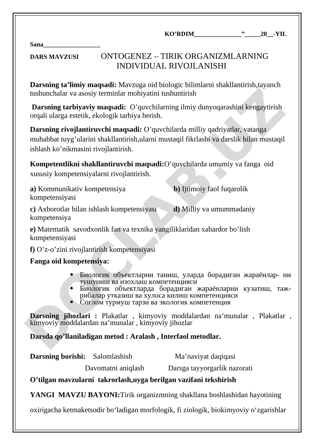 Ontogenez – tirik organizmlarning individual rivojlanishi