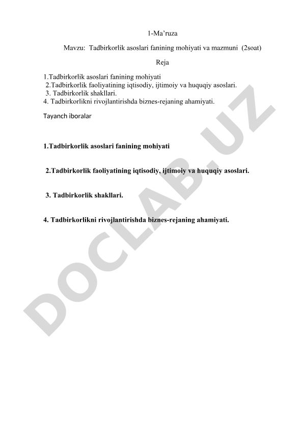 Tadbirkorlik asoslari fanining mohiyati va mazmuni