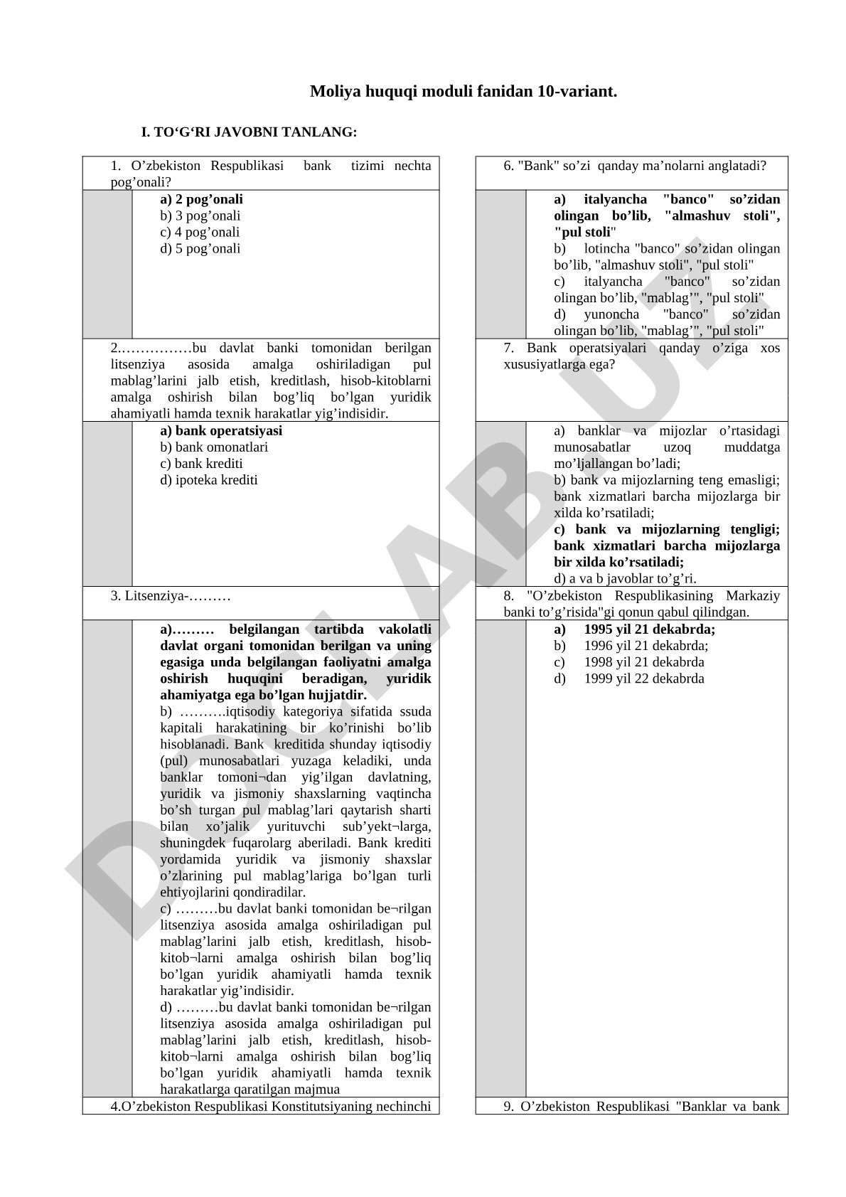 Moliya huquqi moduli fanidan 10-variant