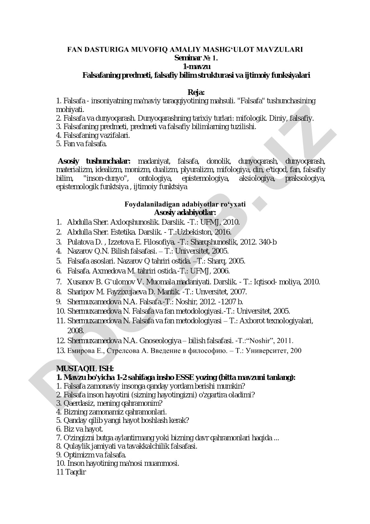 Falsafaning predmeti, falsafiy bilim strukturasi va ijtimoiy funksiyalari