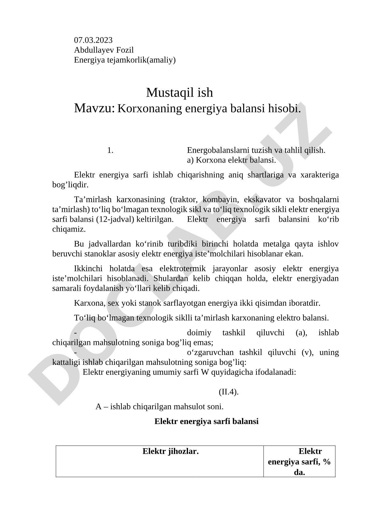 Korxonaning energiya balansi hisobi. Energobalanslarni tuzish va tahlil qilish.