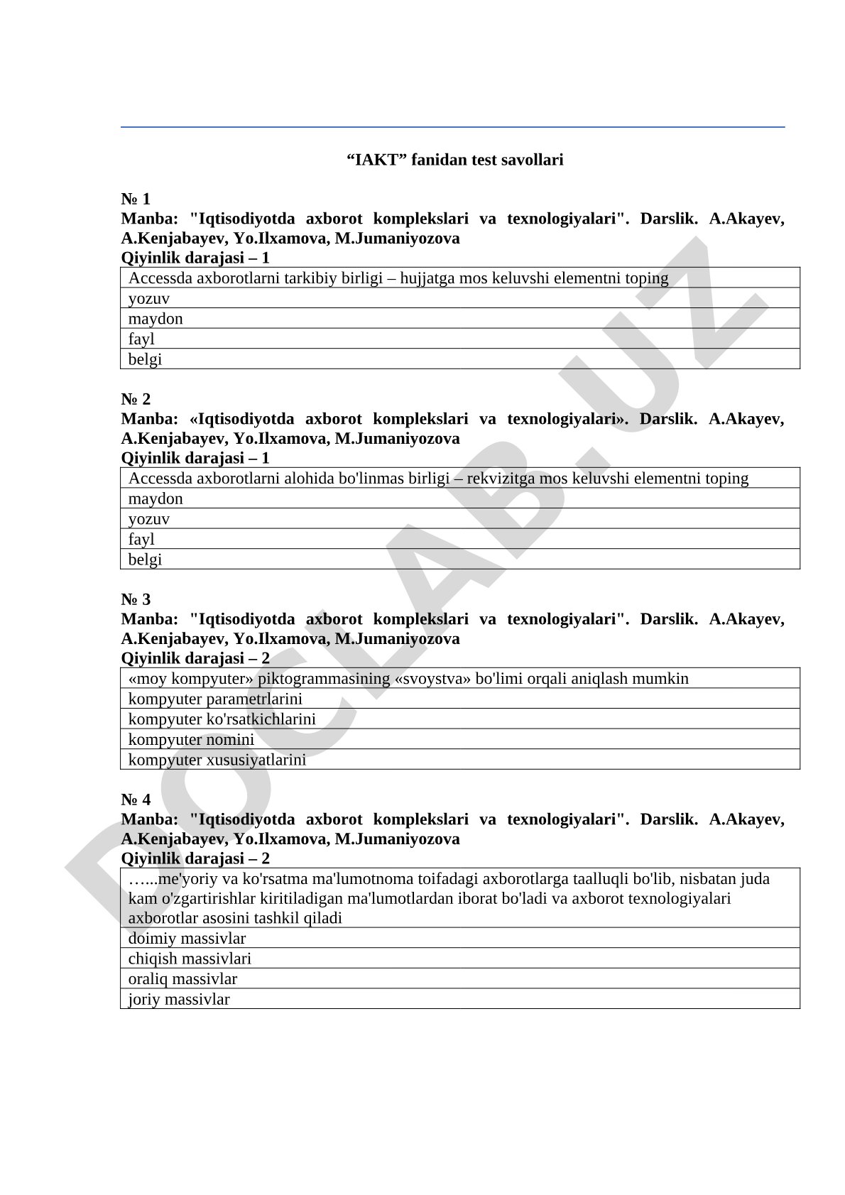 IAKT fanidan test savollari