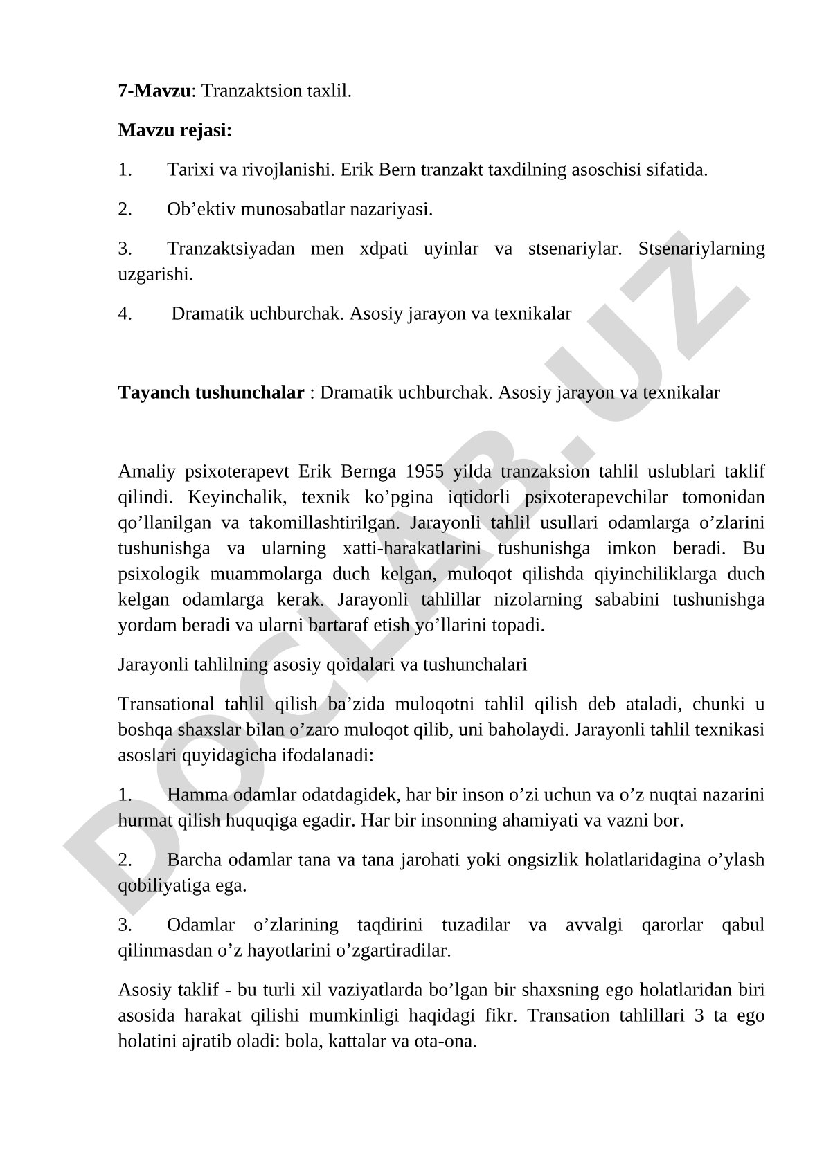 Tranzaktsion tahlil tarixi, asosiy tushunchalari va texnikalari haqida ma'lumot