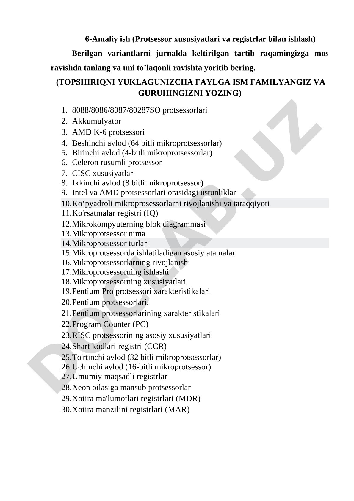 Protsessor xususiyatlari va registrlar bilan ishlash