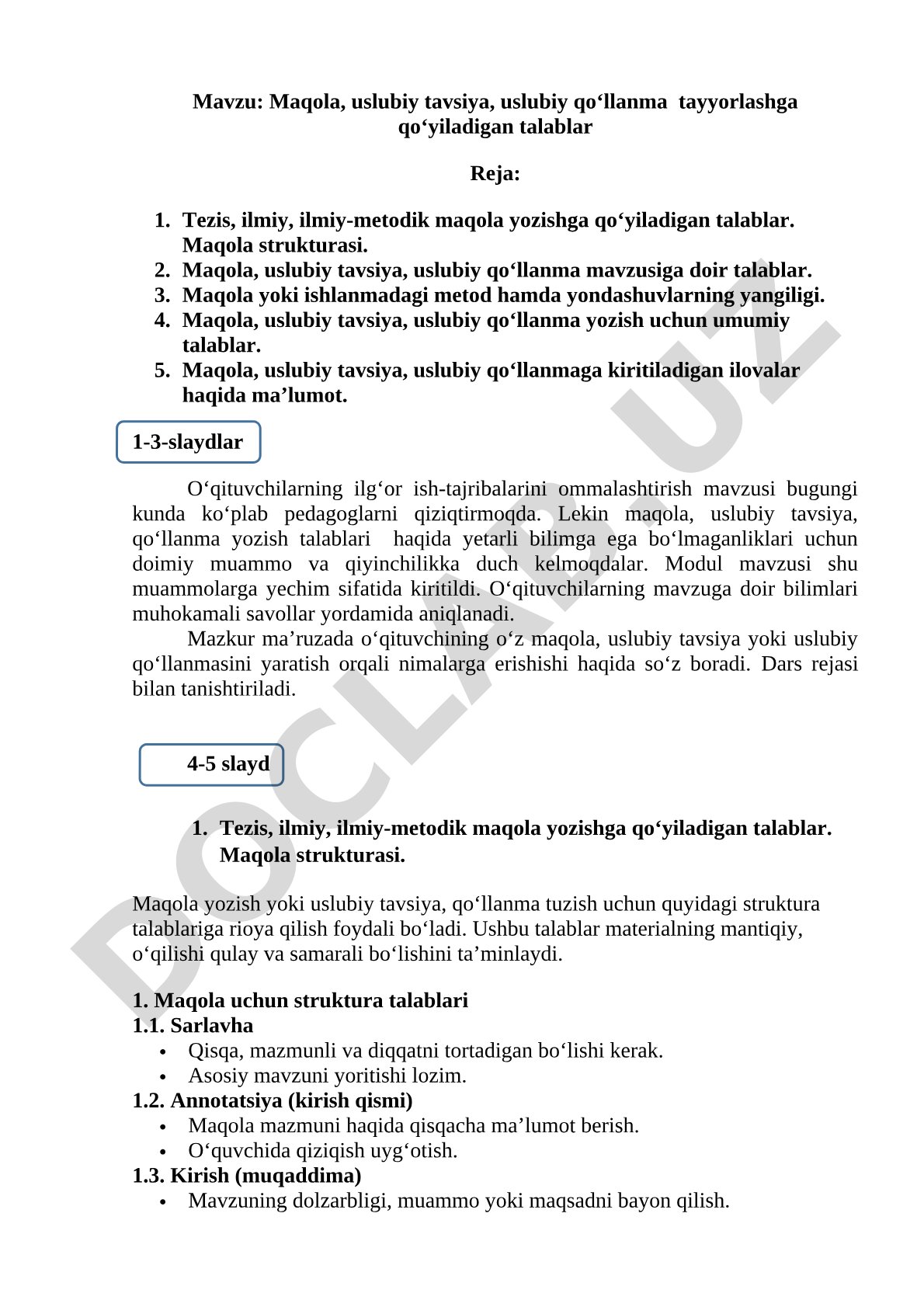 Maqola, uslubiy tavsiya, uslubiy qo‘llanma tayyorlashga qo‘yiladigan talablar