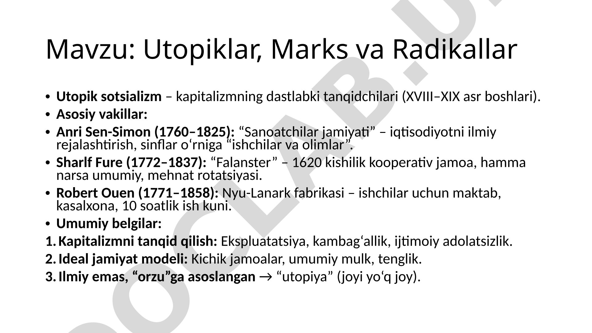 Utopiklar, Marks va Radikallar