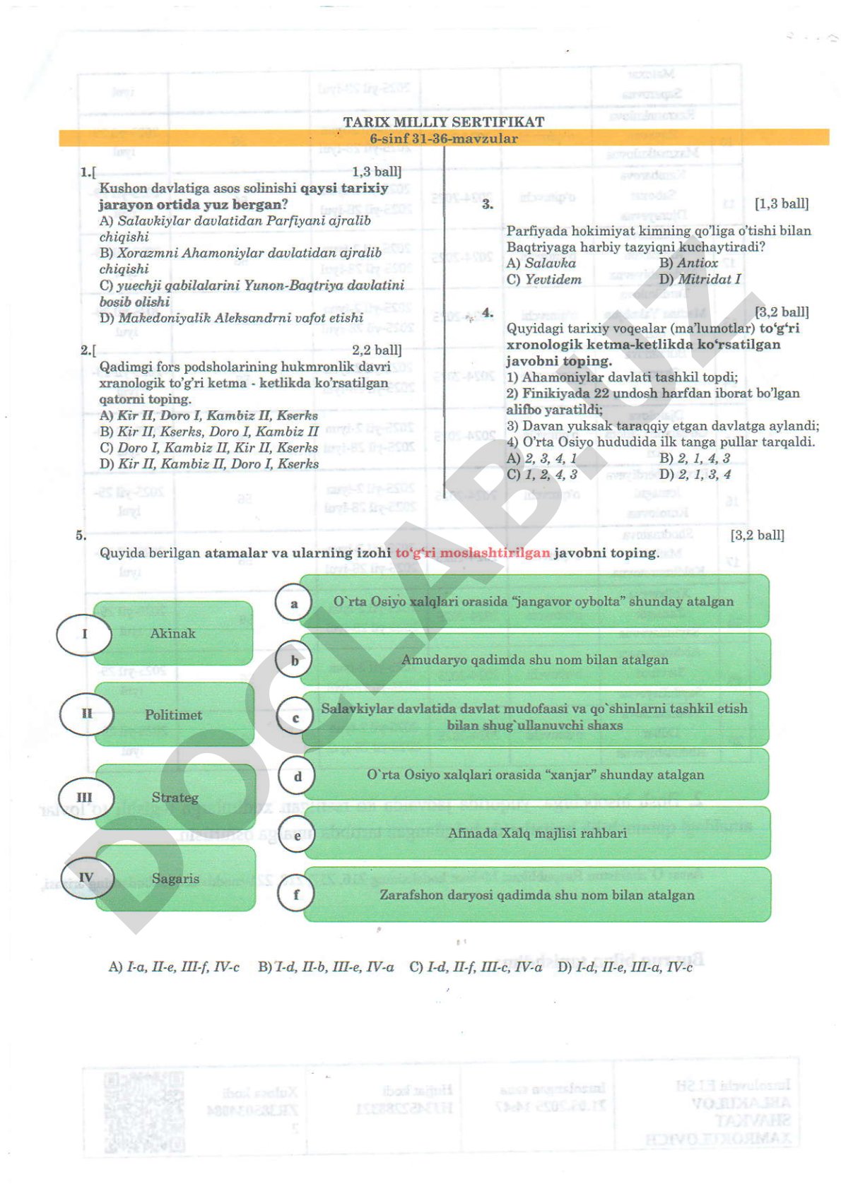 Ahamoniylar va Parfiya tarixi bo'yicha test