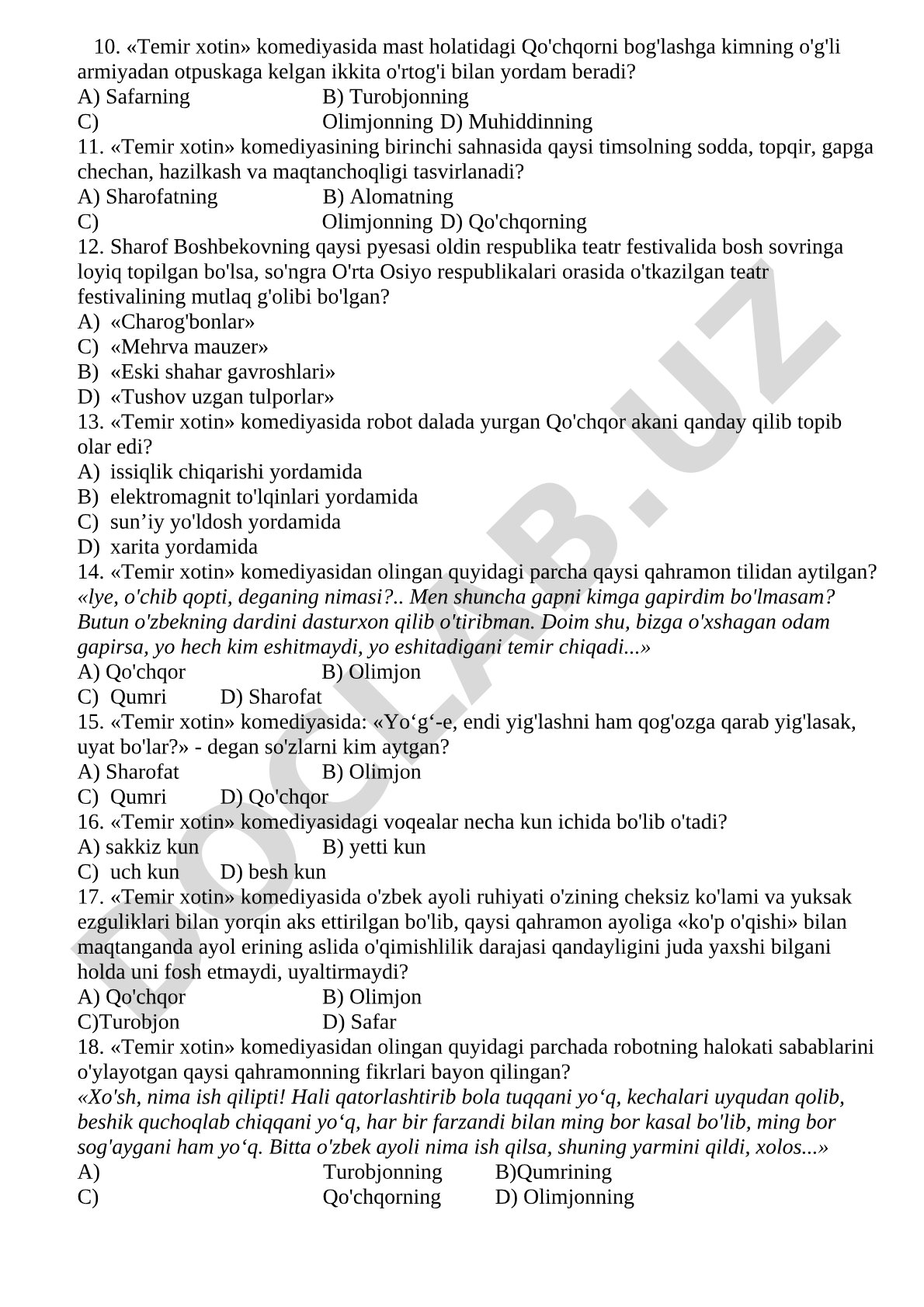 Temir xotin komediyasi va Sharof Boshbekov ijodiga oid test savollari