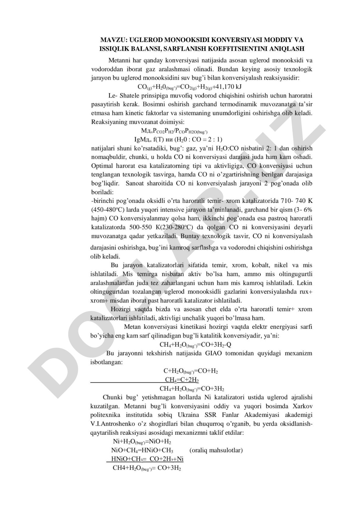 UGLEROD MONOOKSIDI KONVERSIYASI MODDIY VA ISSIQLIK BALANSI, SARFLANISH KOEFFITSIENTINI ANIQLASH