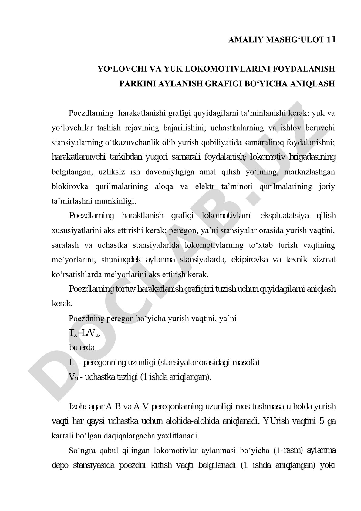 Yo'lovchi va yuk lokomotivlarini foydalanish parkini aylanish grafigi bo'yicha aniqlash