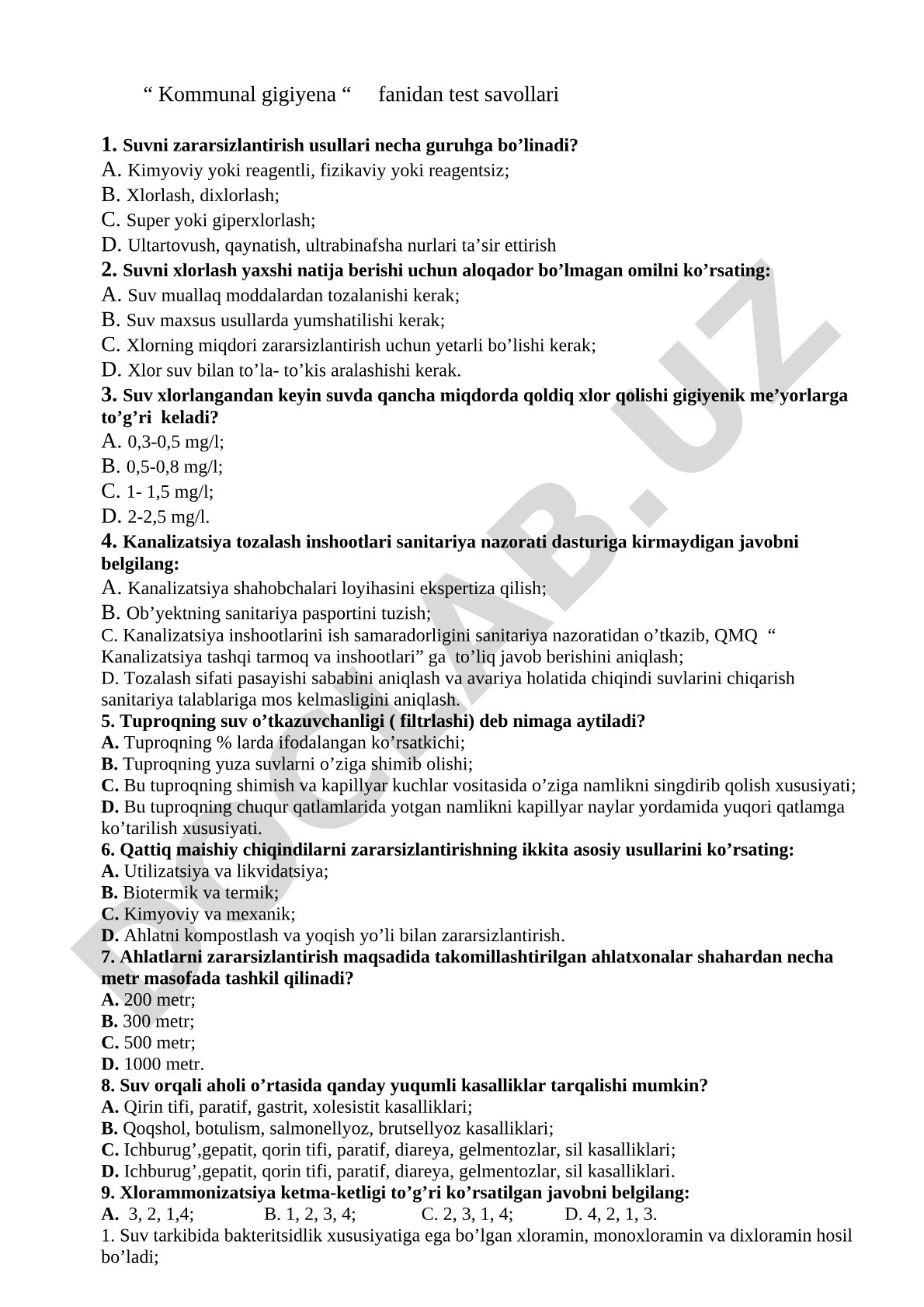 Kommunal gigiyena fanidan test savollari