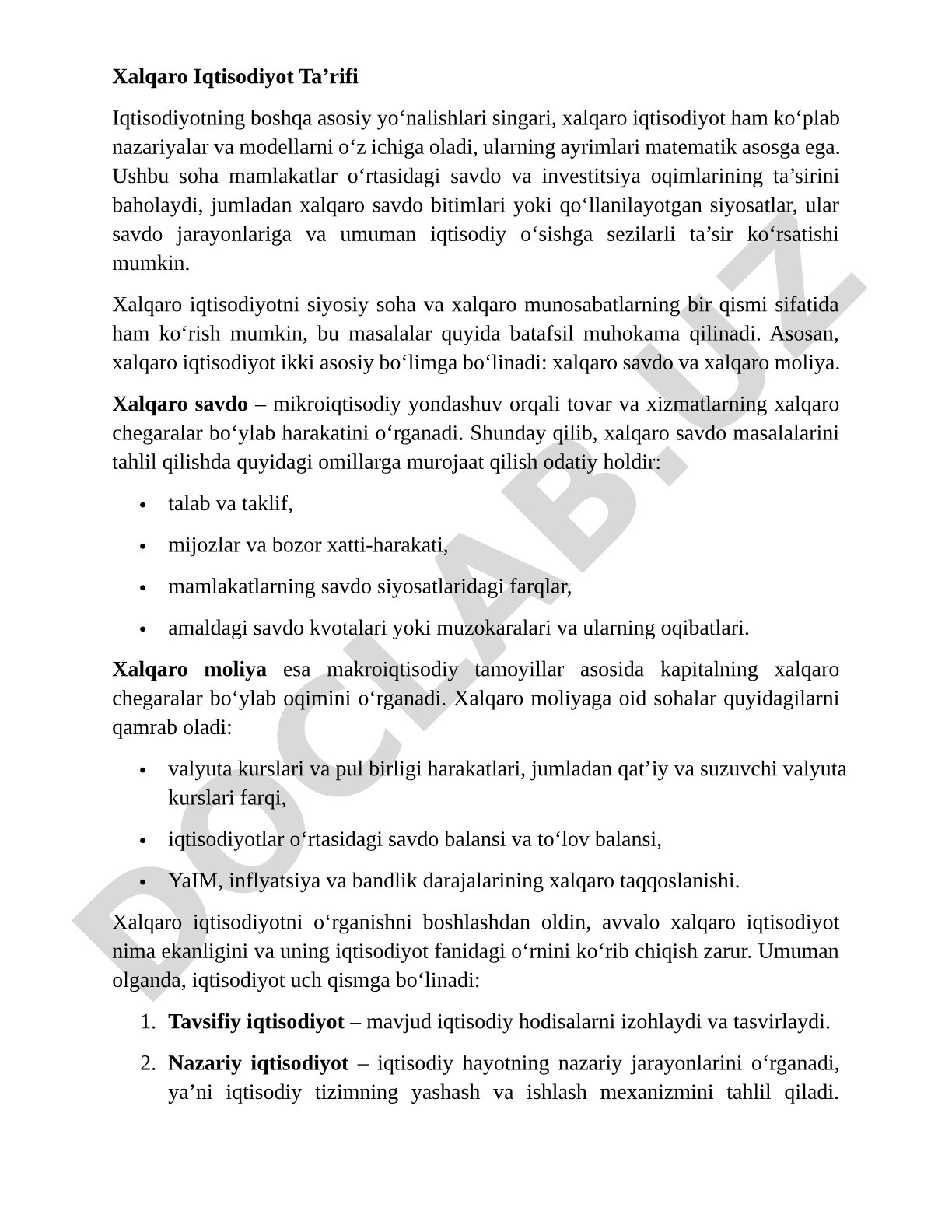 Xalqaro iqtisodiyot ta'rifi va uning asosiy yo'nalishlari
