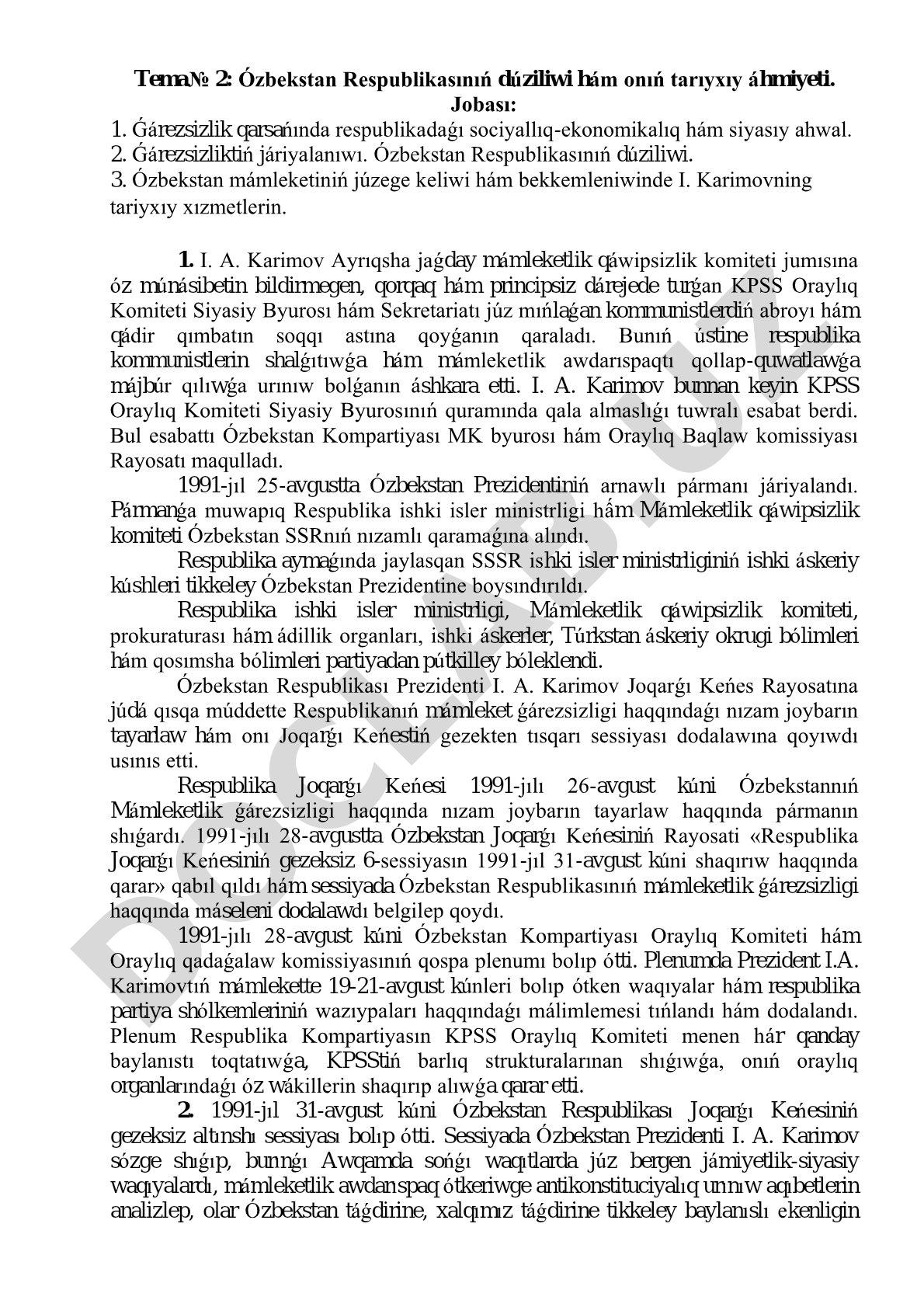 Ózbekstan Respublikasınıń dúziliwi hám onıń tariyxıy áhmiyeti