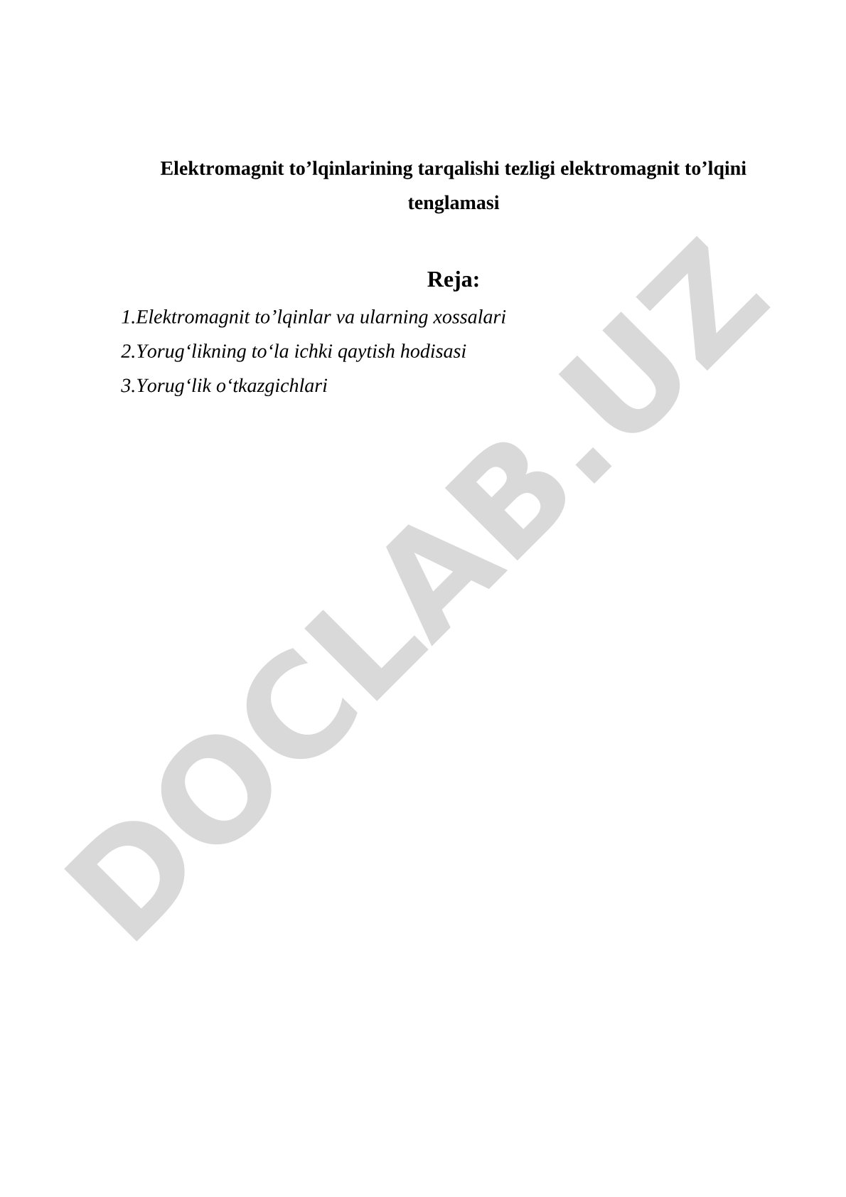 Elektromagnit to’lqinlarining tarqalishi tezligi elektromagnit to’lqini tenglamasi