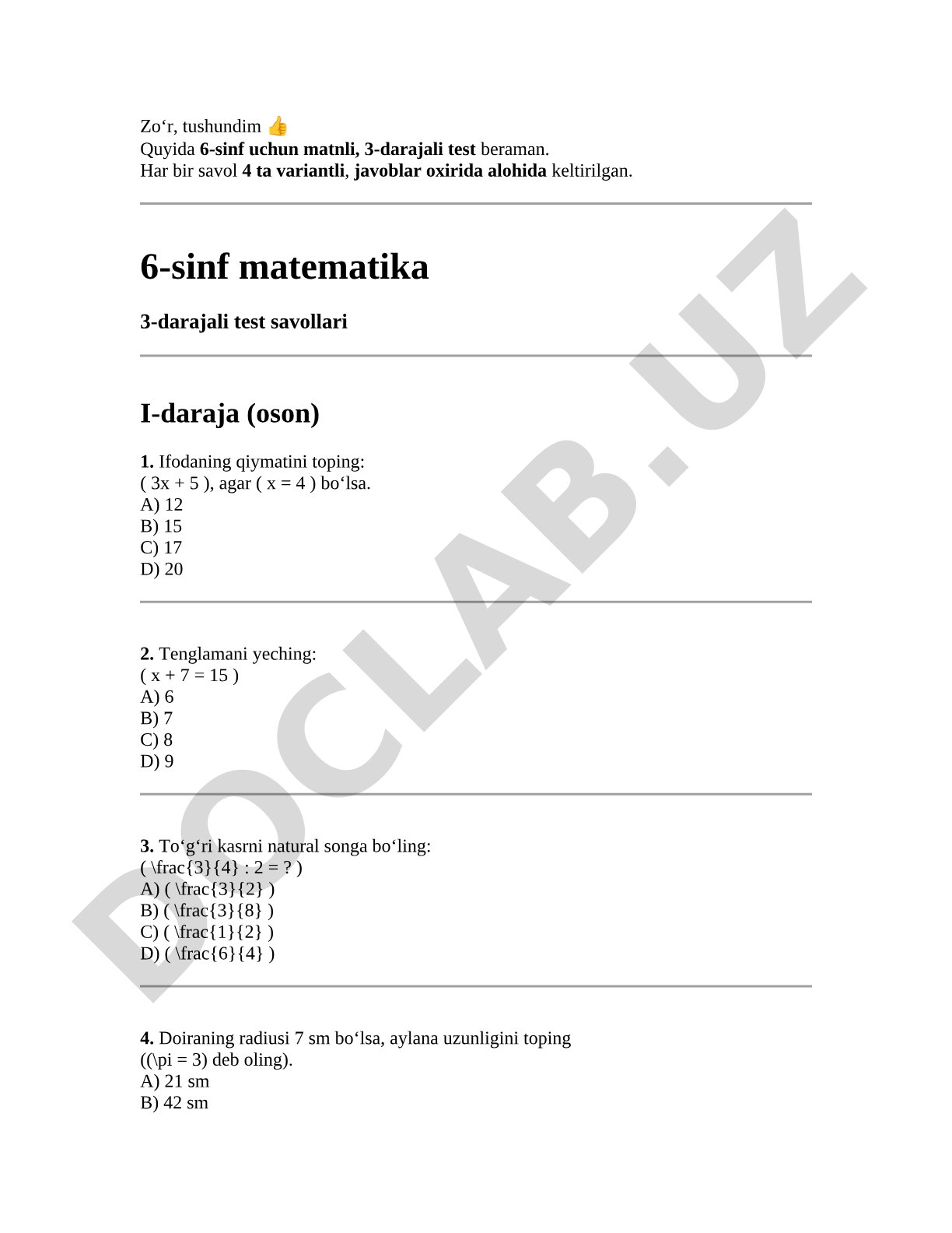 6-sinf matematika 3-darajali test savollari