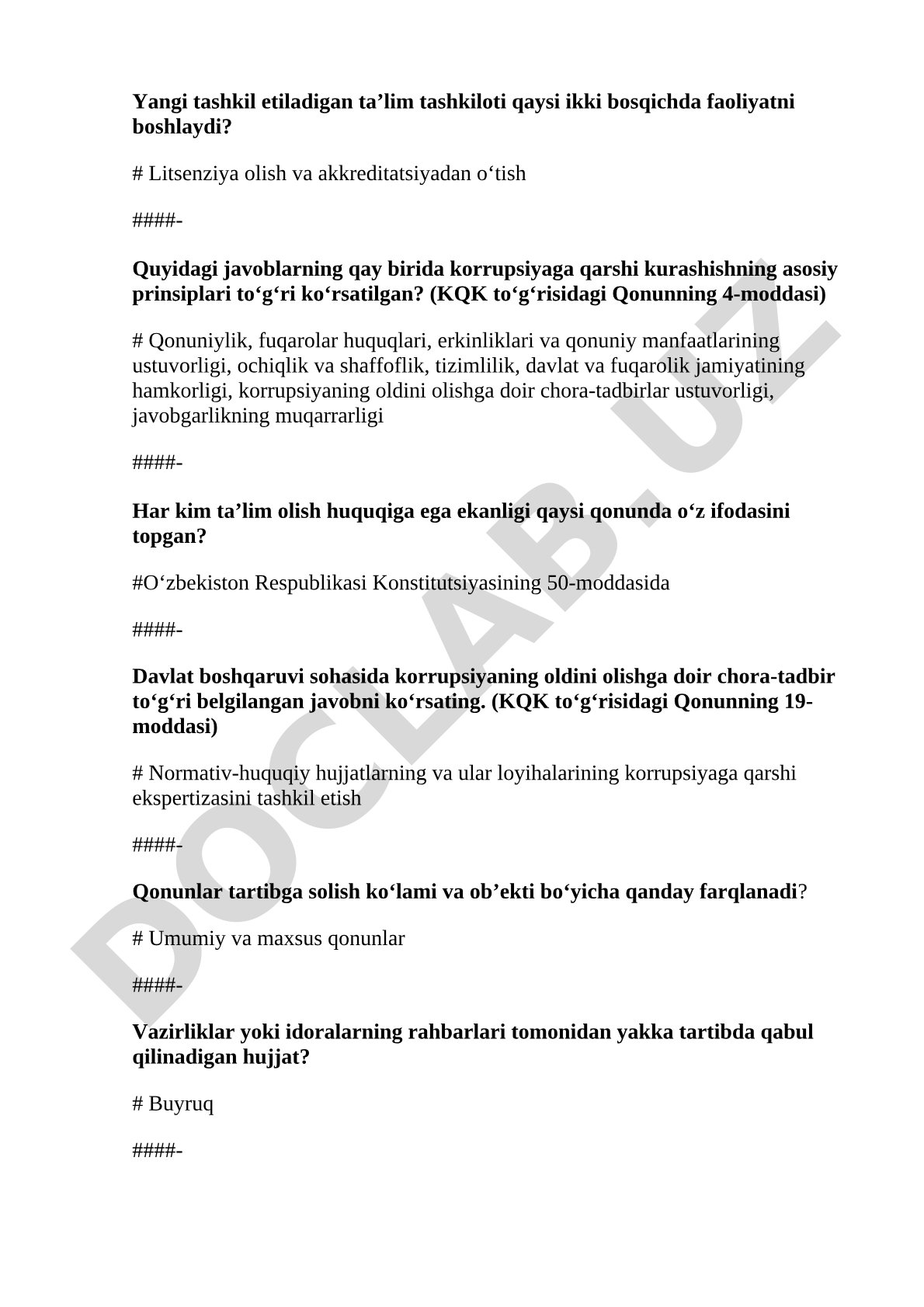 Qonunchilik va korrupsiyaga qarshi kurashish bo'yicha test savollari