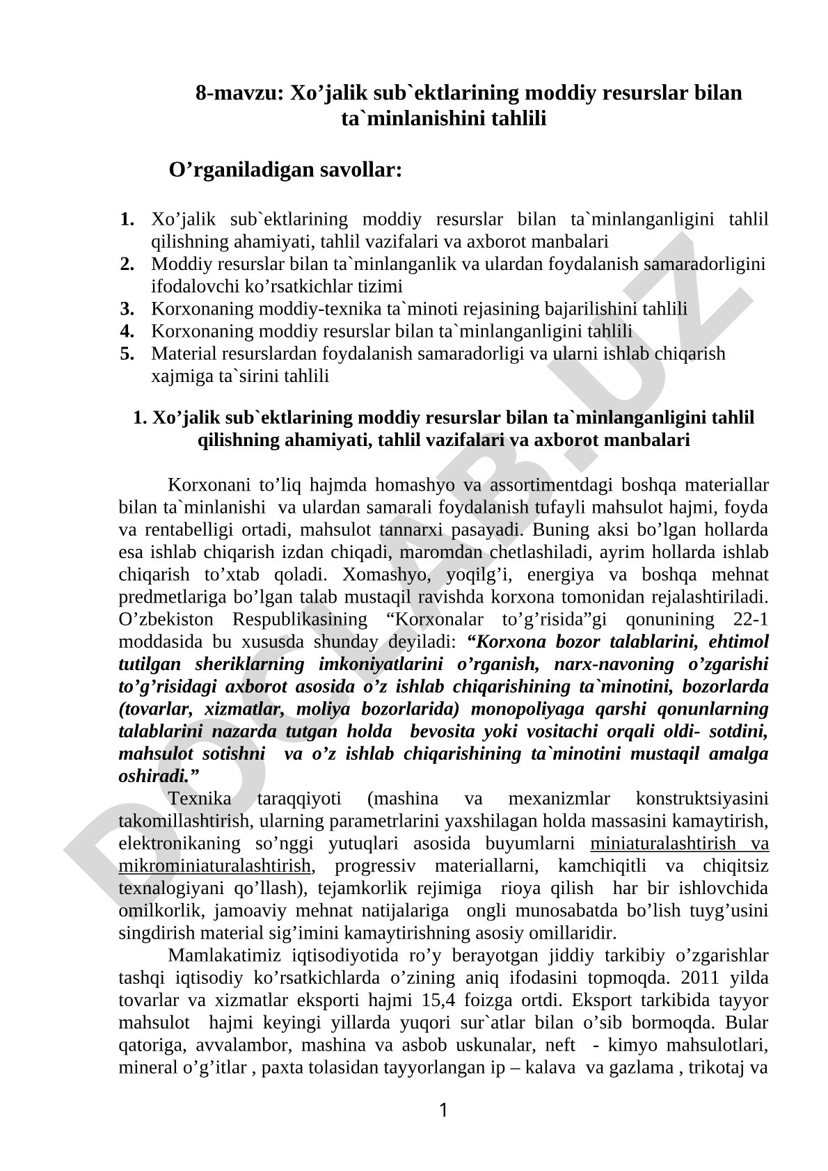 Xo’jalik sub’ektlarining moddiy resurslar bilan ta’minlanishini tahlili