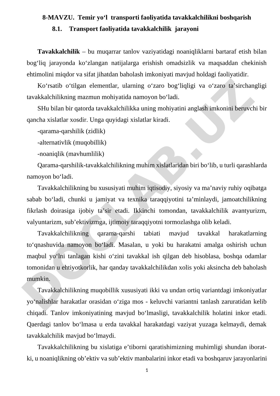 Temir yo‘l transporti faoliyatida tavakkalchilikni boshqarish