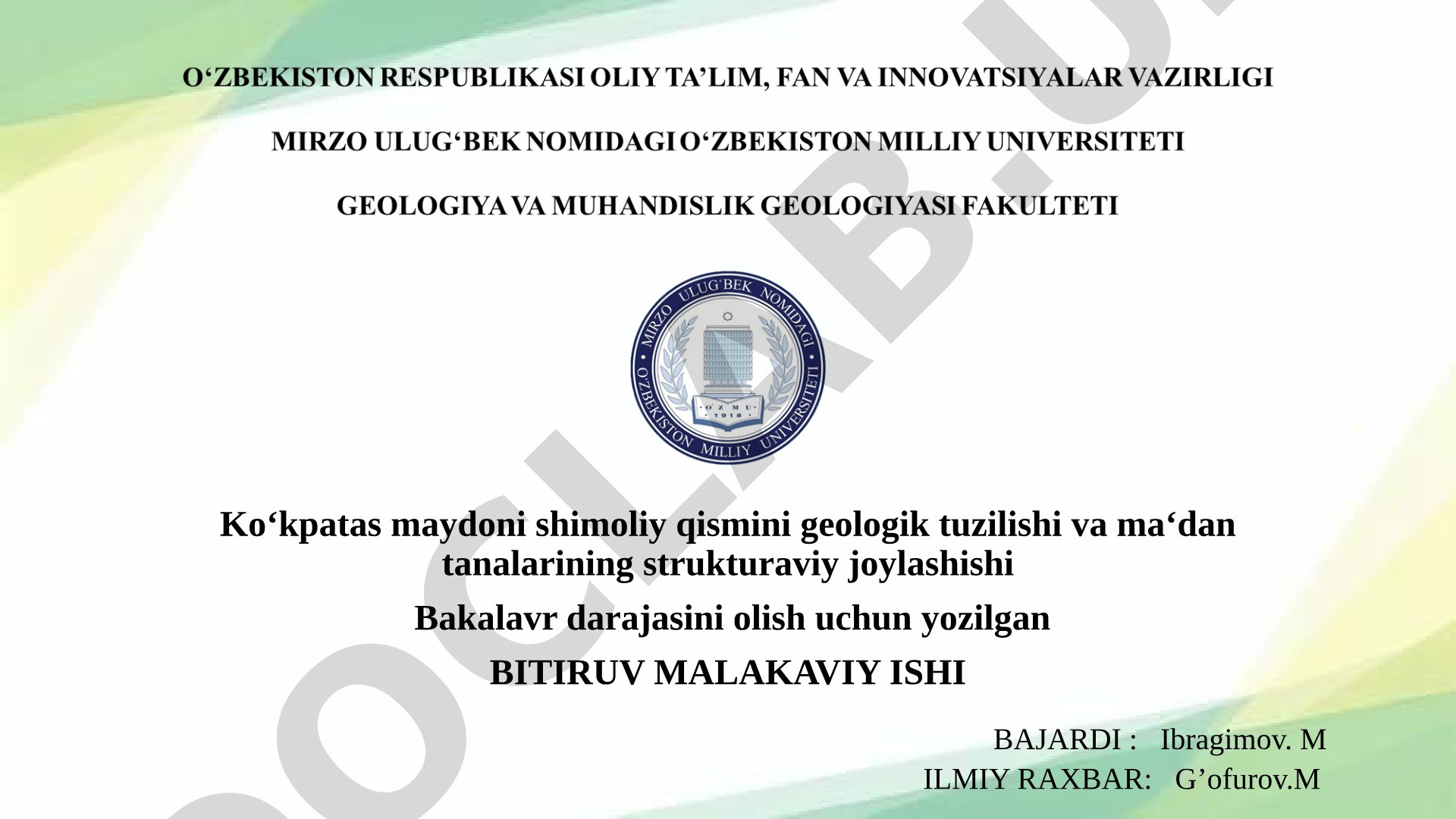 Ko'kpatas maydoni shimoliy qismini geologik tuzilishi va ma'dan tanalarining strukturaviy joylashishi