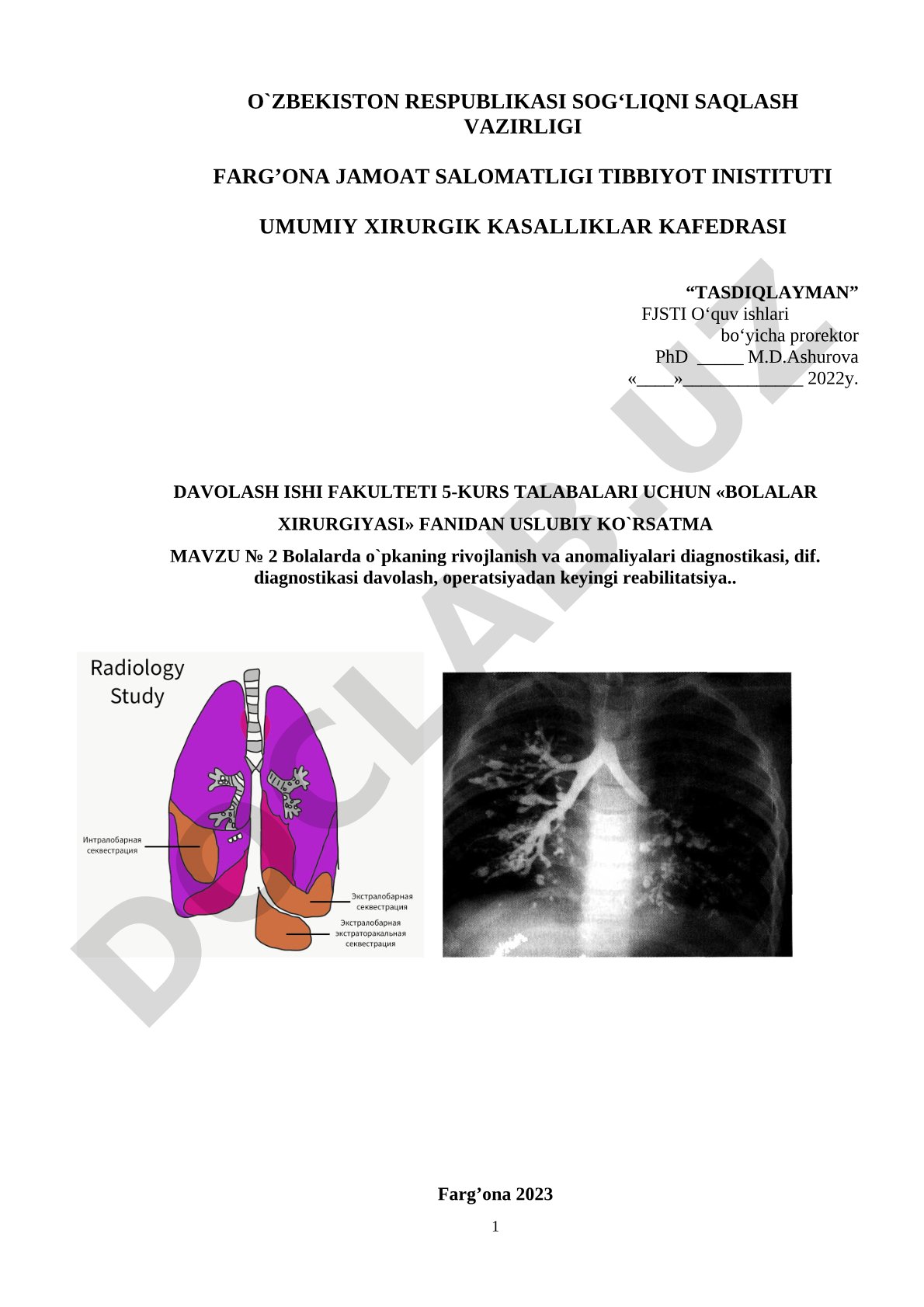 Bolalarda o'pkaning rivojlanish anomaliyalari diagnostikasi, differensial diagnostikasi, davolash, operatsiyadan keyingi reabilitatsiya