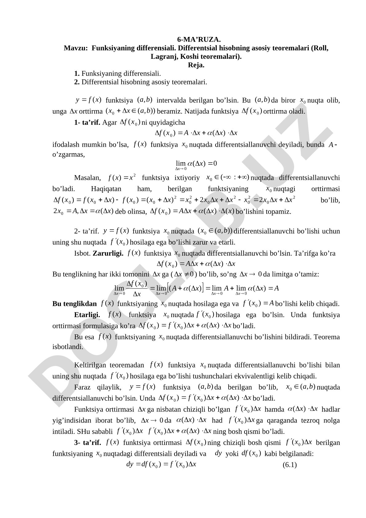 Funksiyaning differensiali. Differentsial hisobning asosiy teoremalari (Roll, Lagranj, Koshi teoremalari)