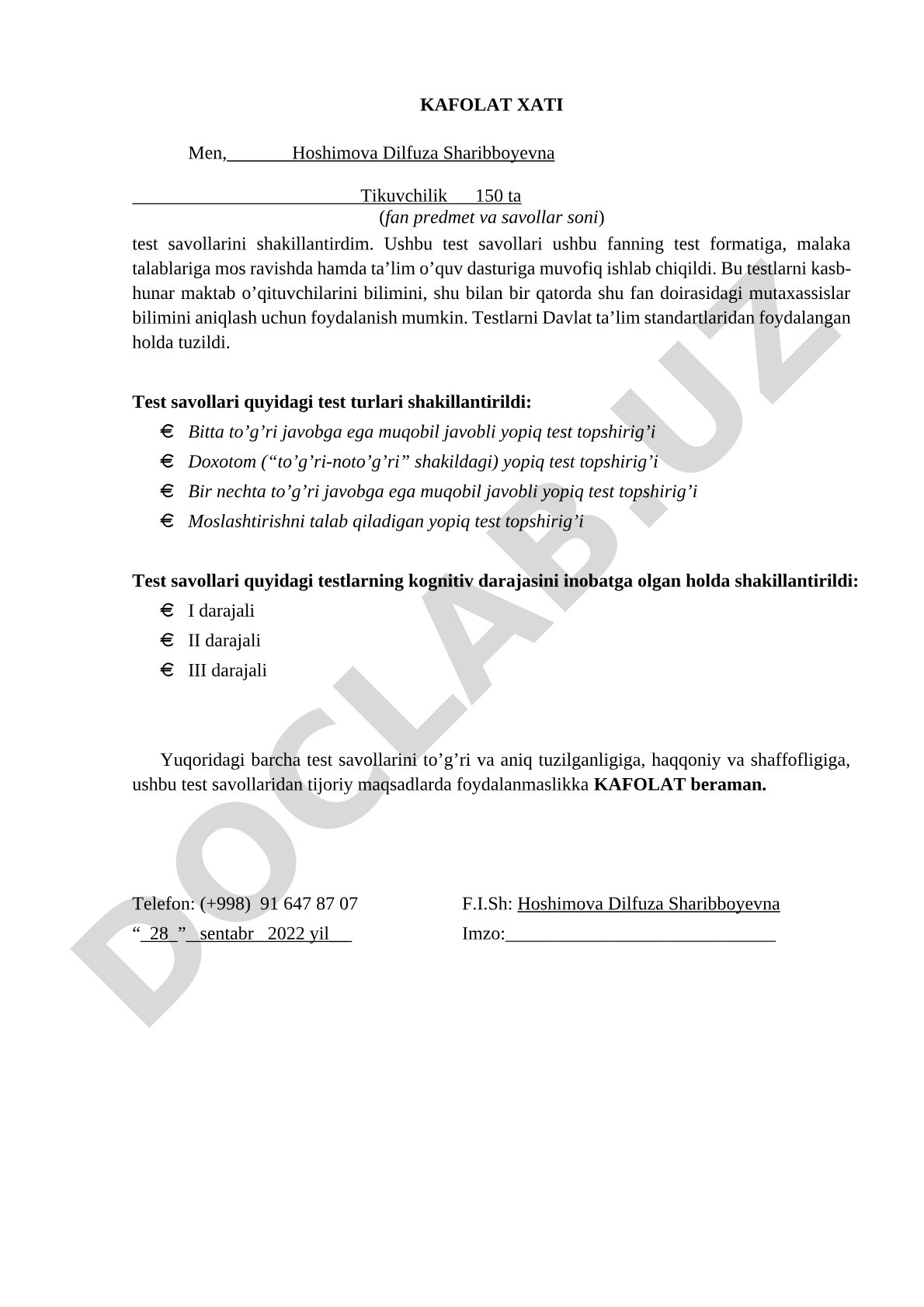 Tikuvchilik fanidan test savollari