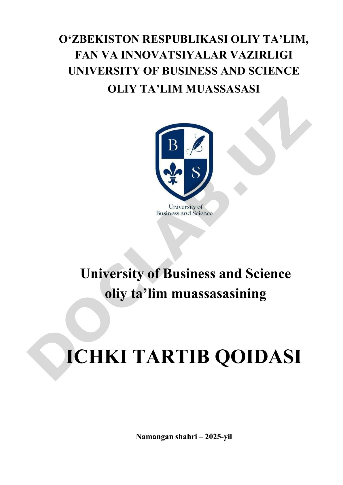 University of Business and Science ichki tartib qoidalari