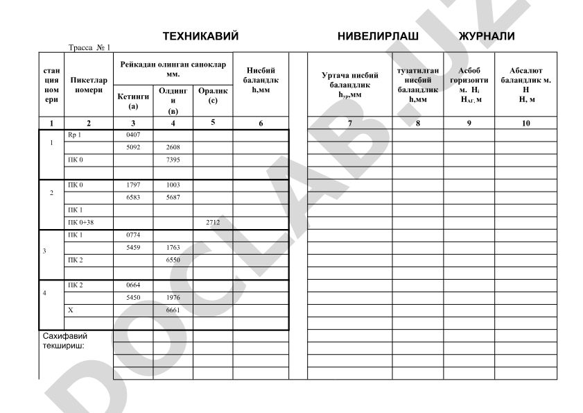 Техникавий нивелирлаш журнали