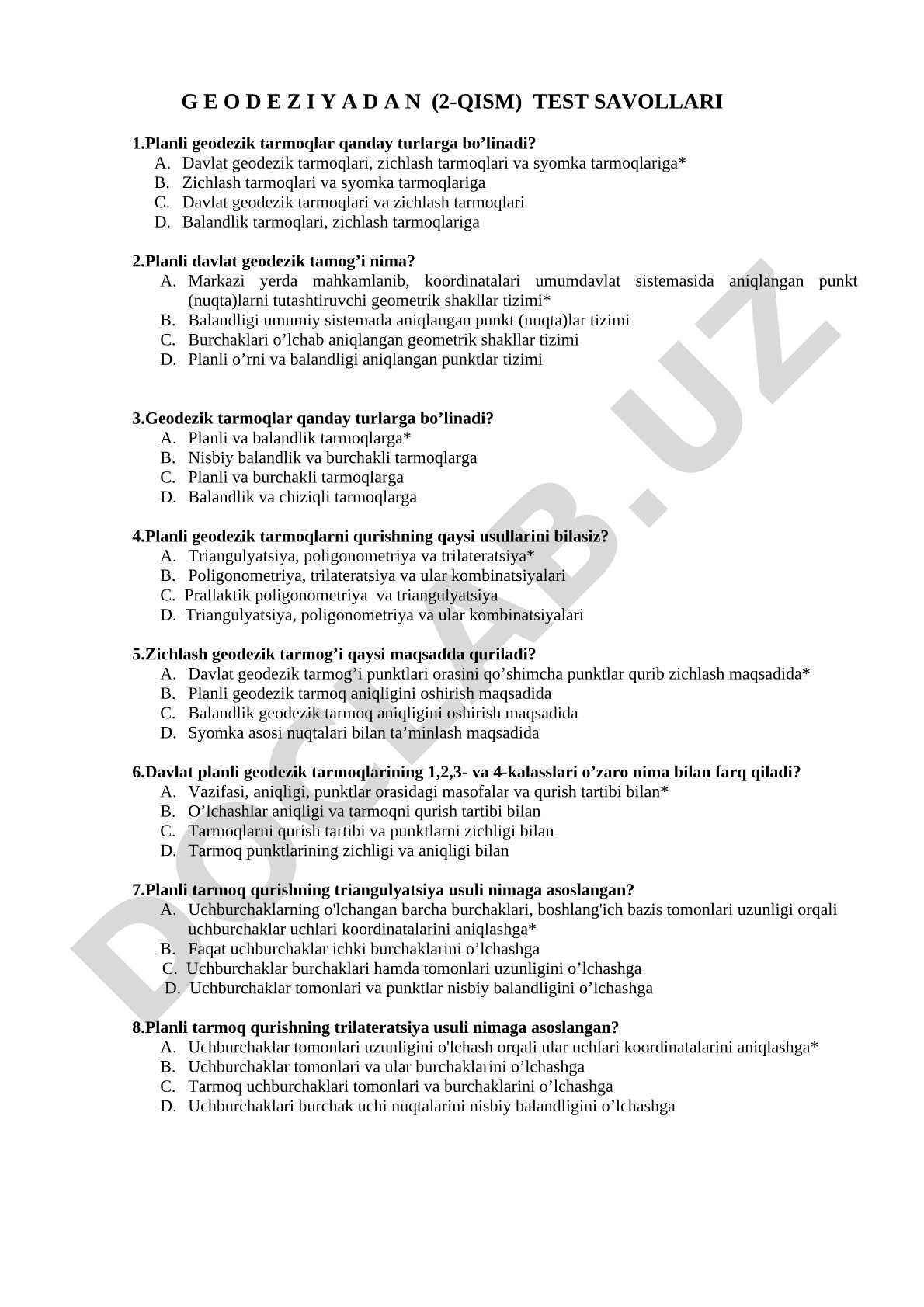 Geodeziyadan (2-qism) test savollari