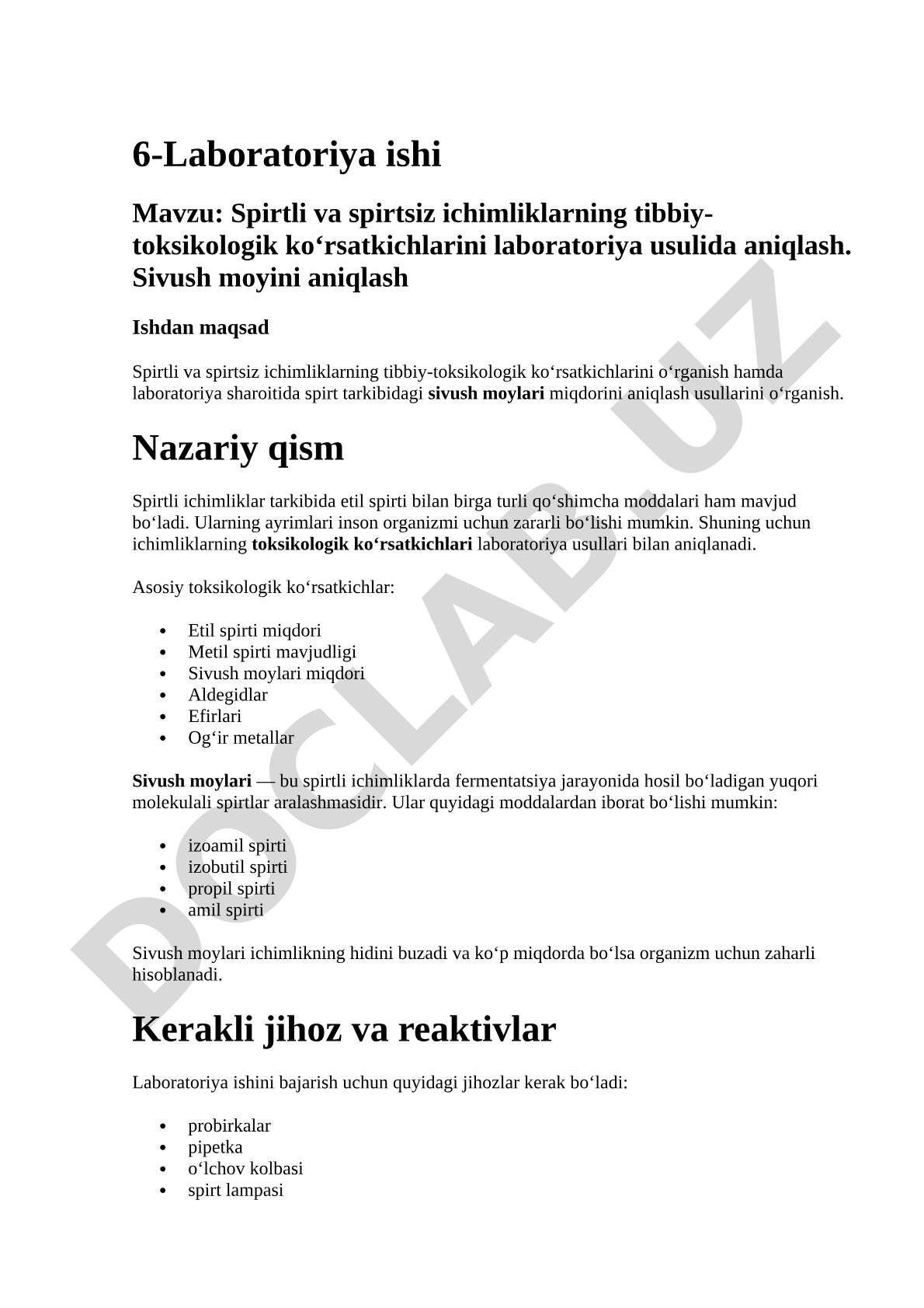 Spirtli va spirtsiz ichimliklarning tibbiy-toksikologik ko‘rsatkichlarini laboratoriya usulida aniqlash. Sivush moyini aniqlash