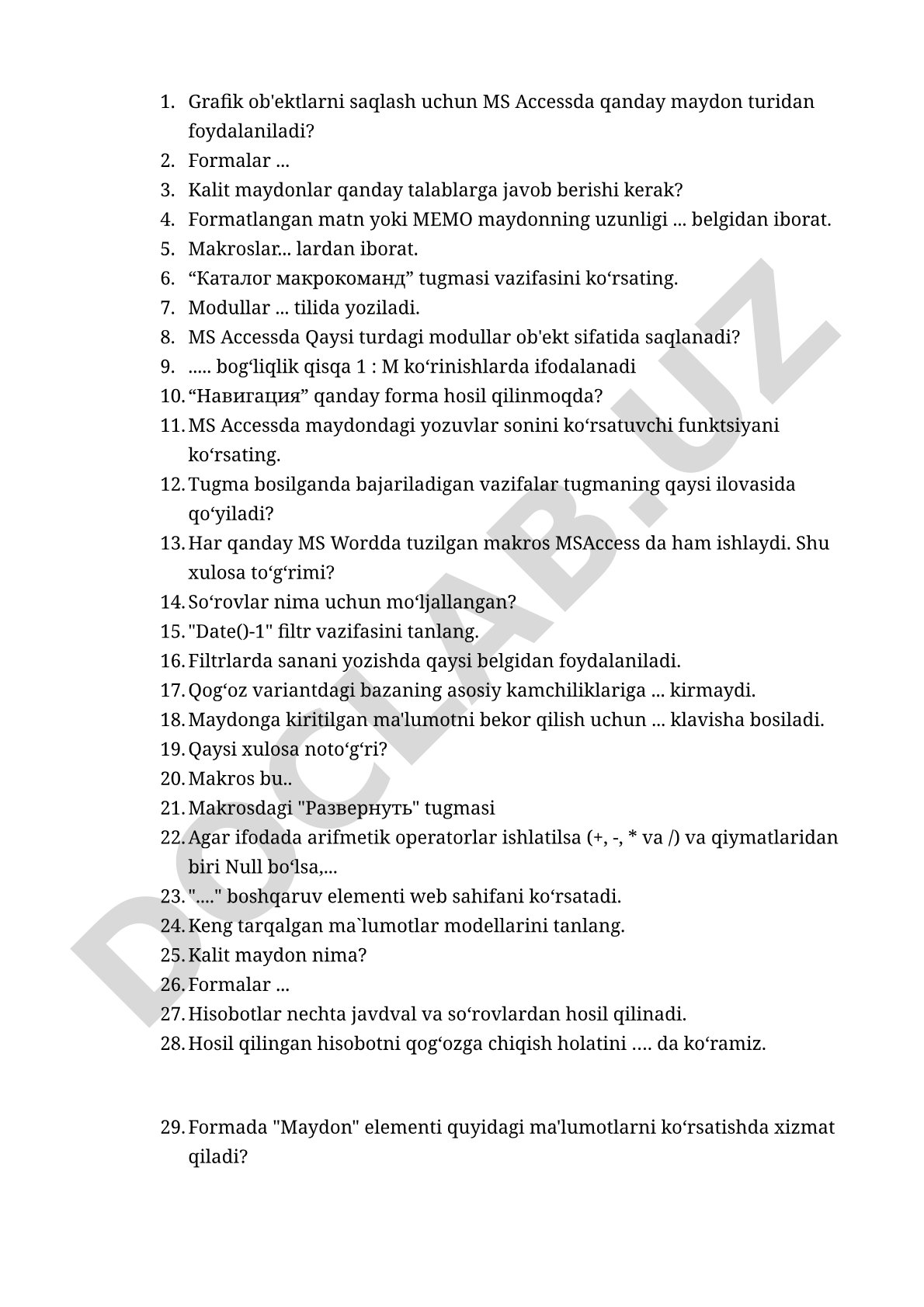 MS Accessda grafik ob'ektlarni saqlash va ma'lumotlar bazasi savollari