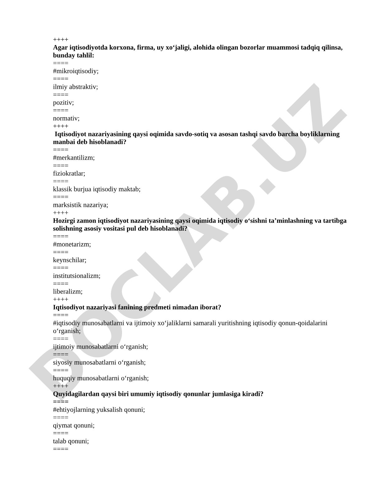 Iqtisodiyot nazariyasi bo'yicha ko'p variantli test savollari