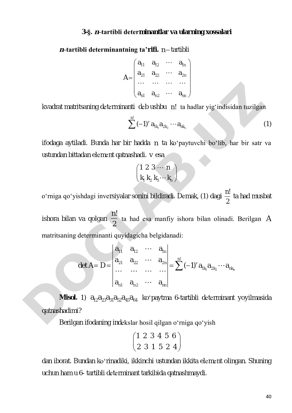 n–tartibli determinantlar va ularning xossalari